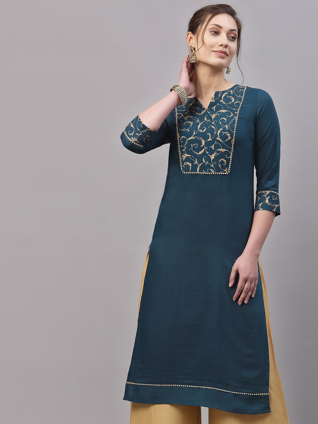 

SANISA SANISA Women Teal Geometric Yoke Design Foil Printed Kurta