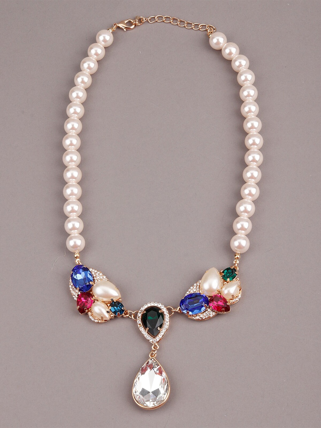 

ODETTE White & Gold-Toned & Multicoloured Stones & Pearl Necklace