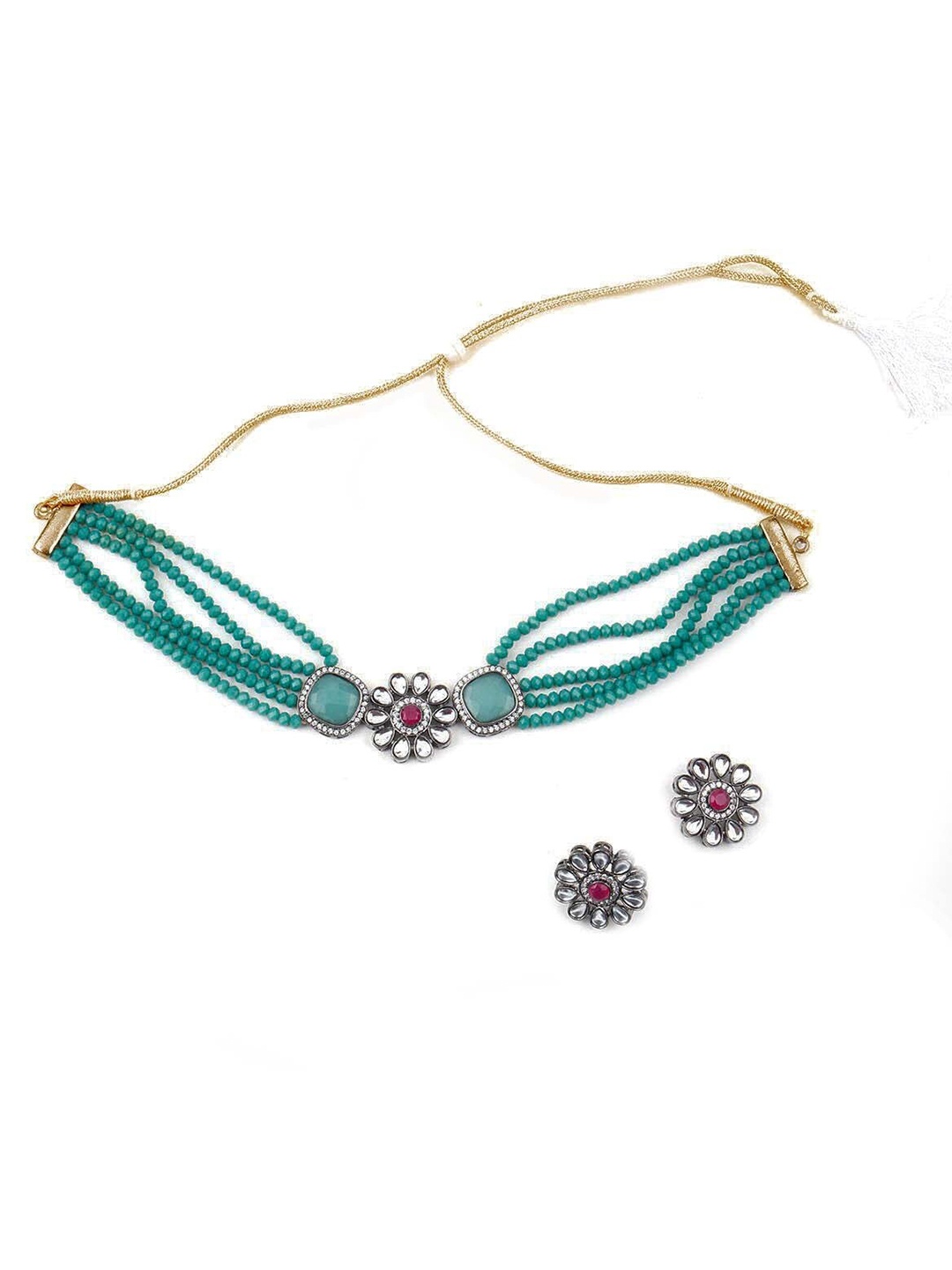 

ODETTE Green & Black Artificial Beads & Rhinestone Necklace