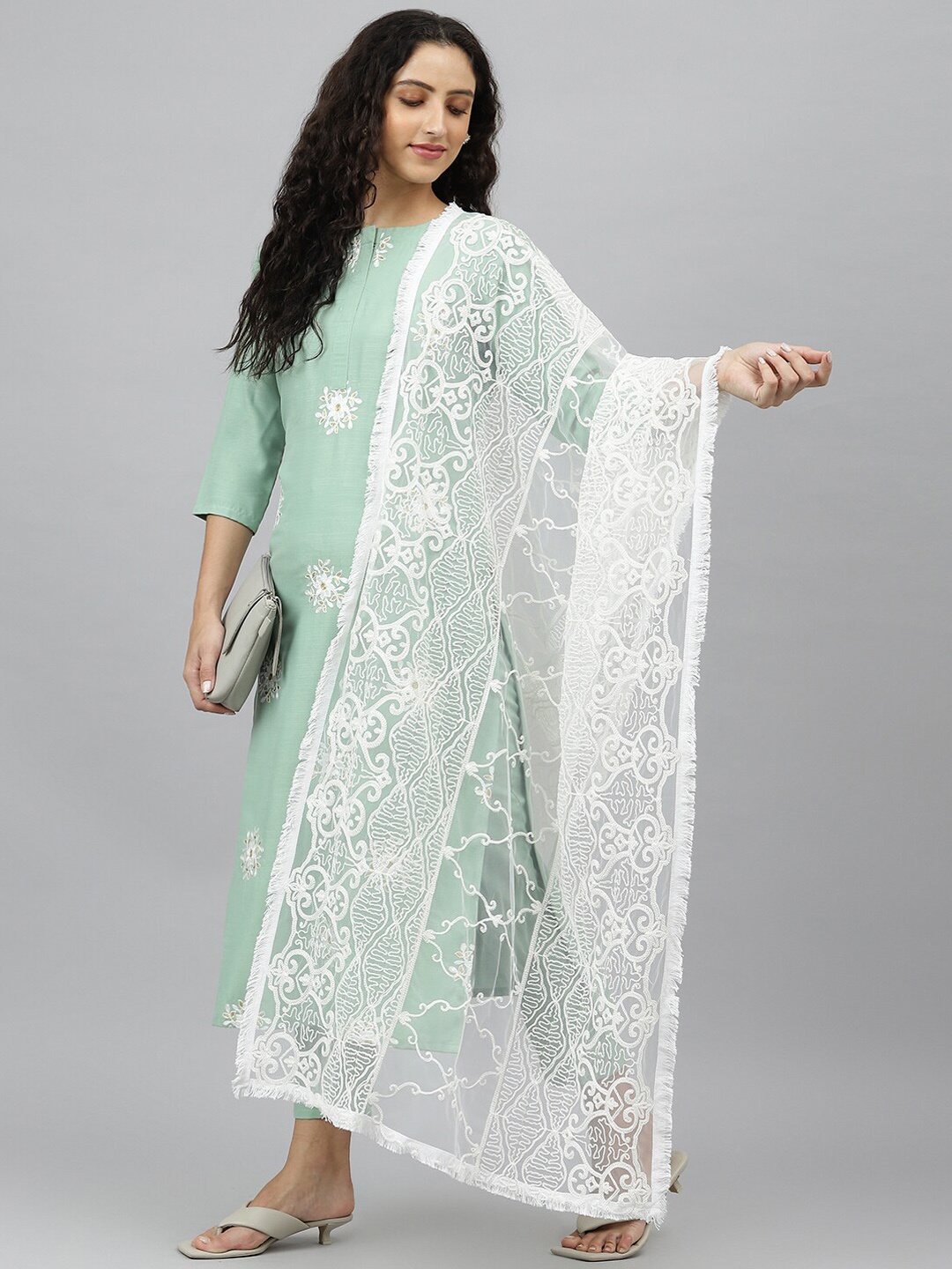 

KALINI Women Sea Green Floral Embroidered Kurta with Trousers & With Dupatta