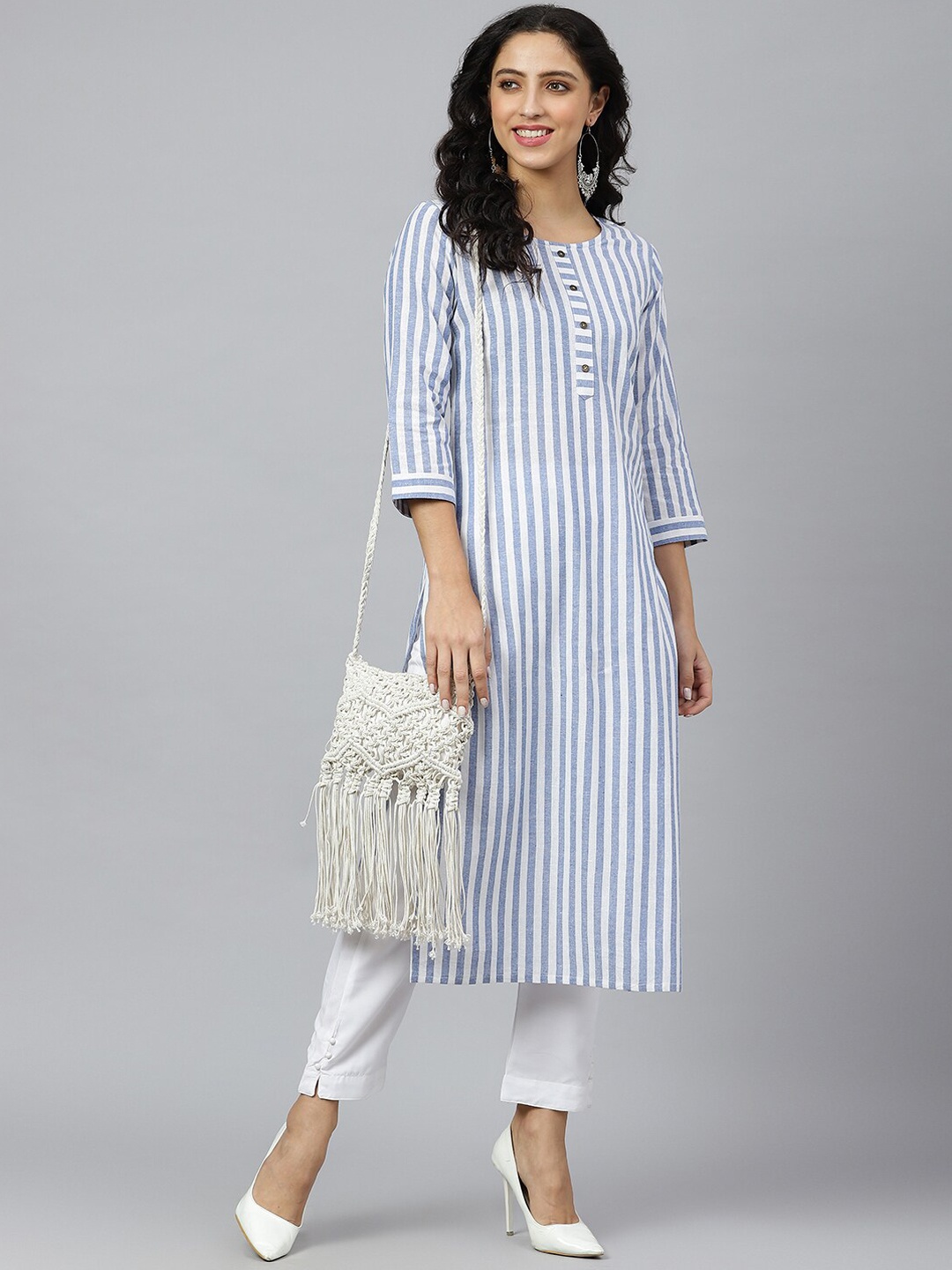 

KALINI Women Blue & White Striped Kurta