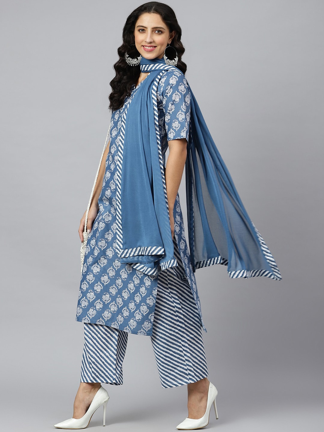 

KALINI Women Blue Ethnic Motifs Printed Kurta with Palazzos & With Dupatta