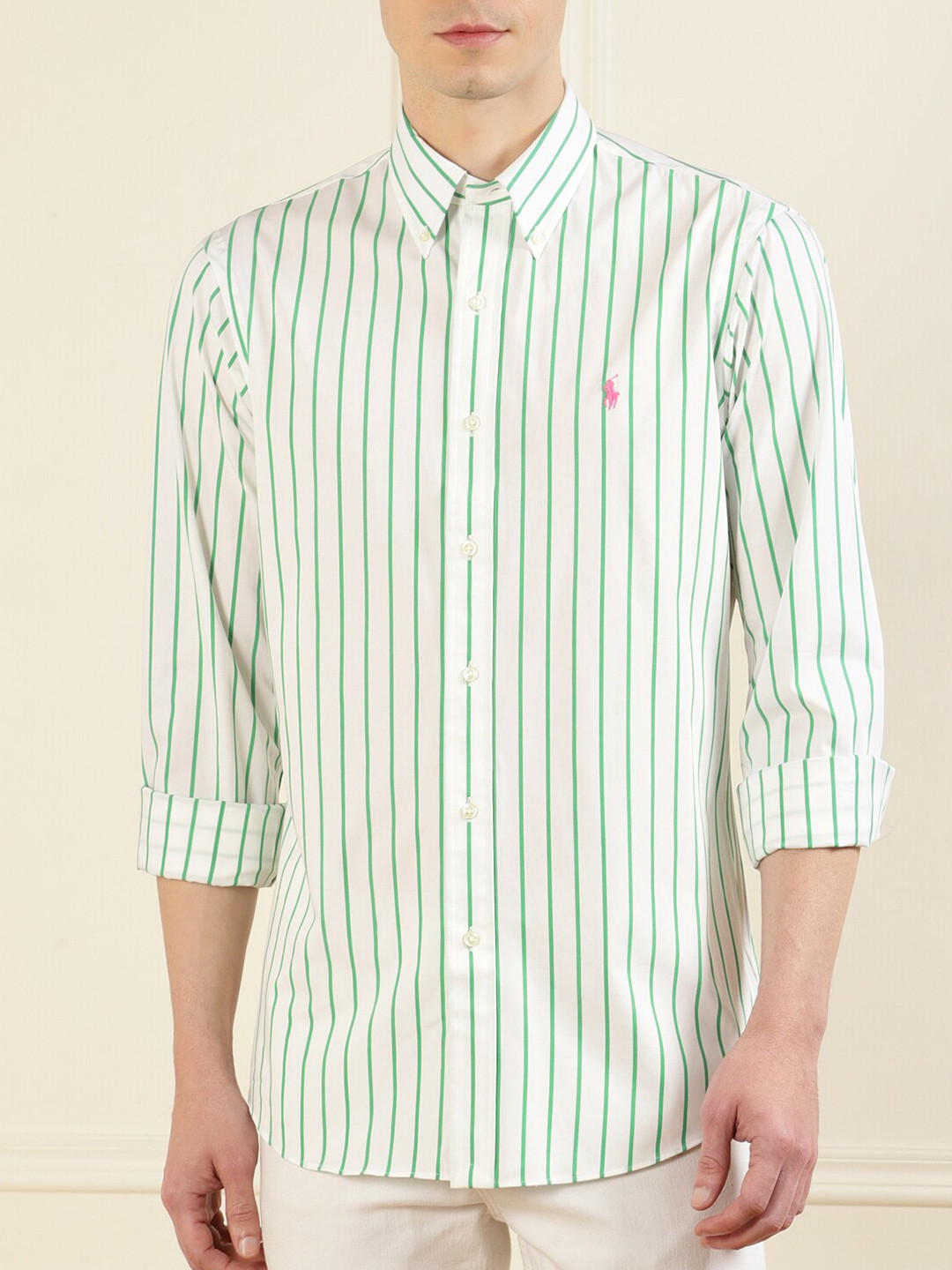 

Polo Ralph Lauren Men Green Vertical Striped Pure Cotton Casual Shirt