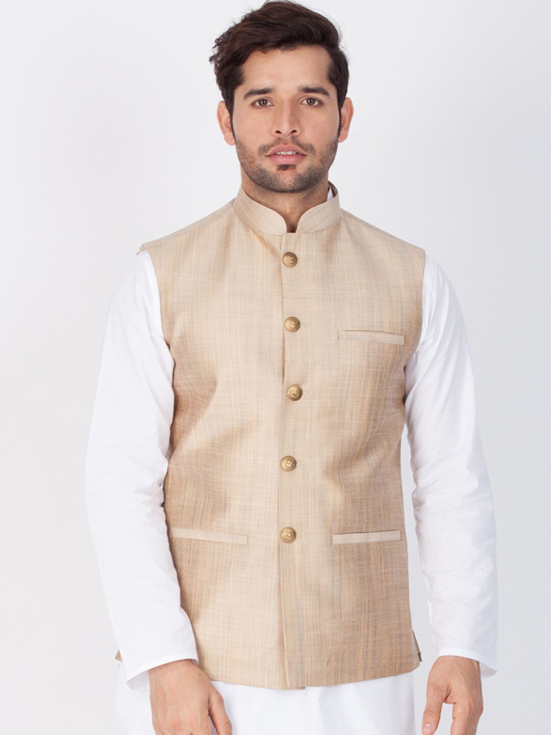 

VASTRAMAY Men Beige Woven Design Slim-Fit Nehru Jacket