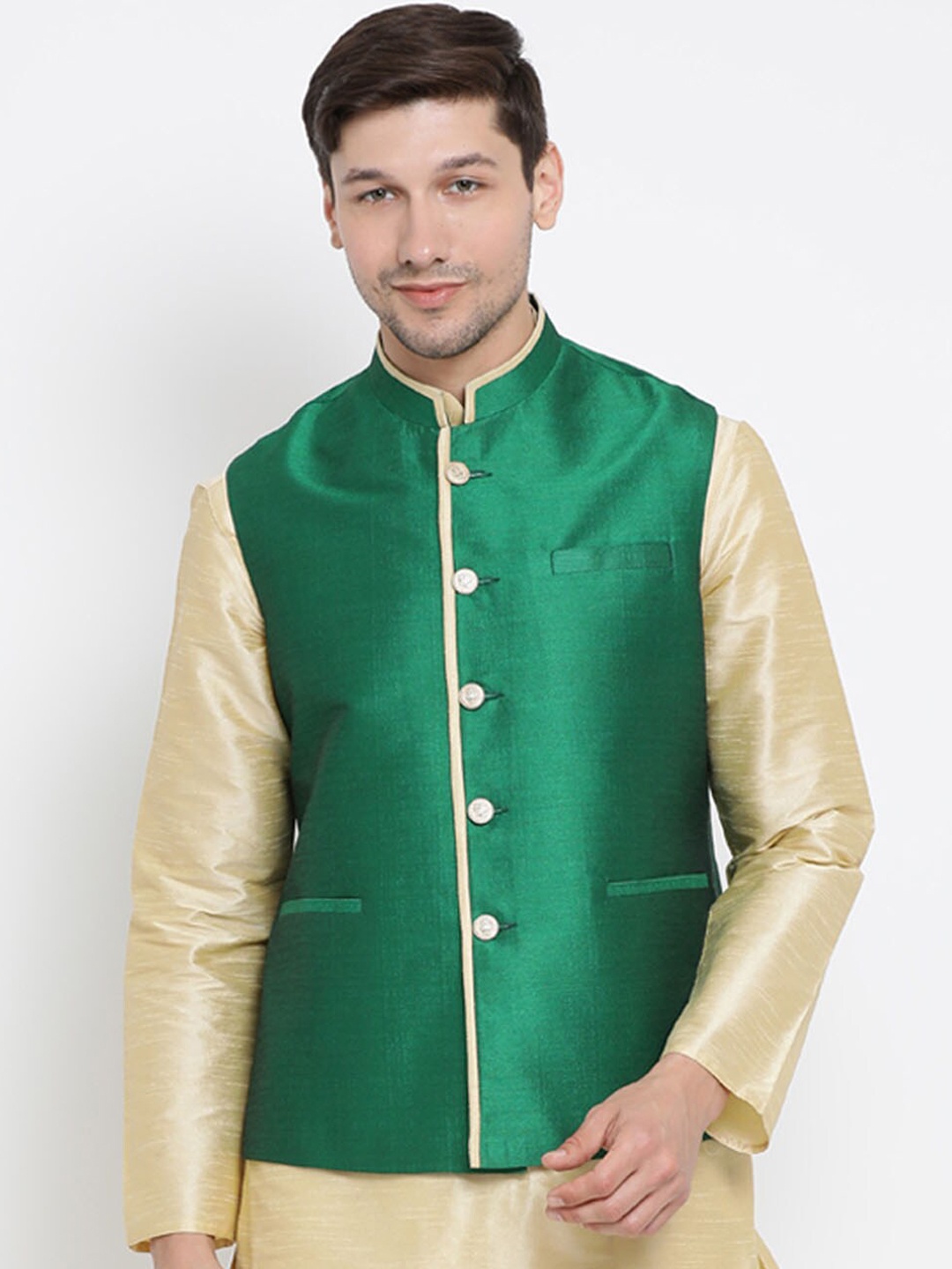 

VASTRAMAY Men Green Solid Woven Slim-Fit Nehru Jackets