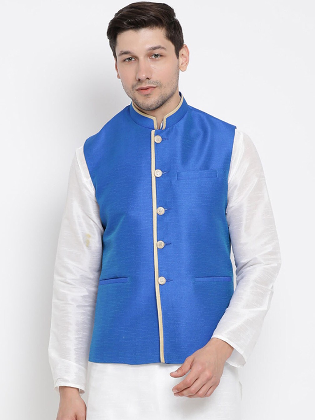 

VASTRAMAY Men Blue Solid Slim-Fit Woven Nehru Jacket