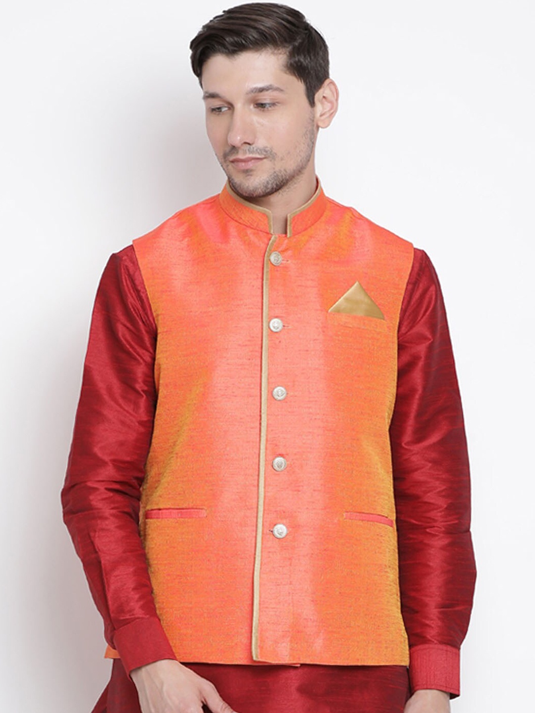 

VASTRAMAY Men Orange Solid Woven Slim-Fit Nehru Jackets