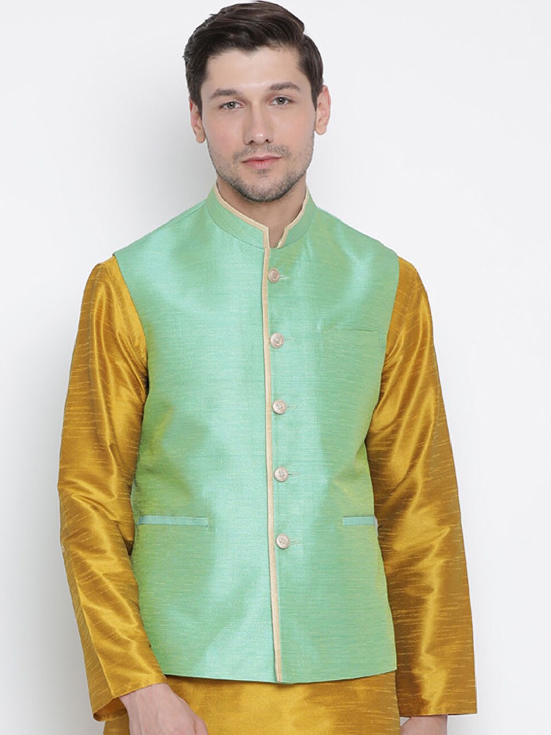 

VASTRAMAY Men Green Solid Woven Slim-Fit Nehru Jacket
