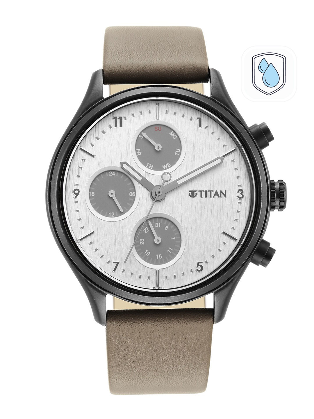 

Titan Men White Brass Dial & Grey Leather Straps Analogue Multi Function Watch 1803NL02