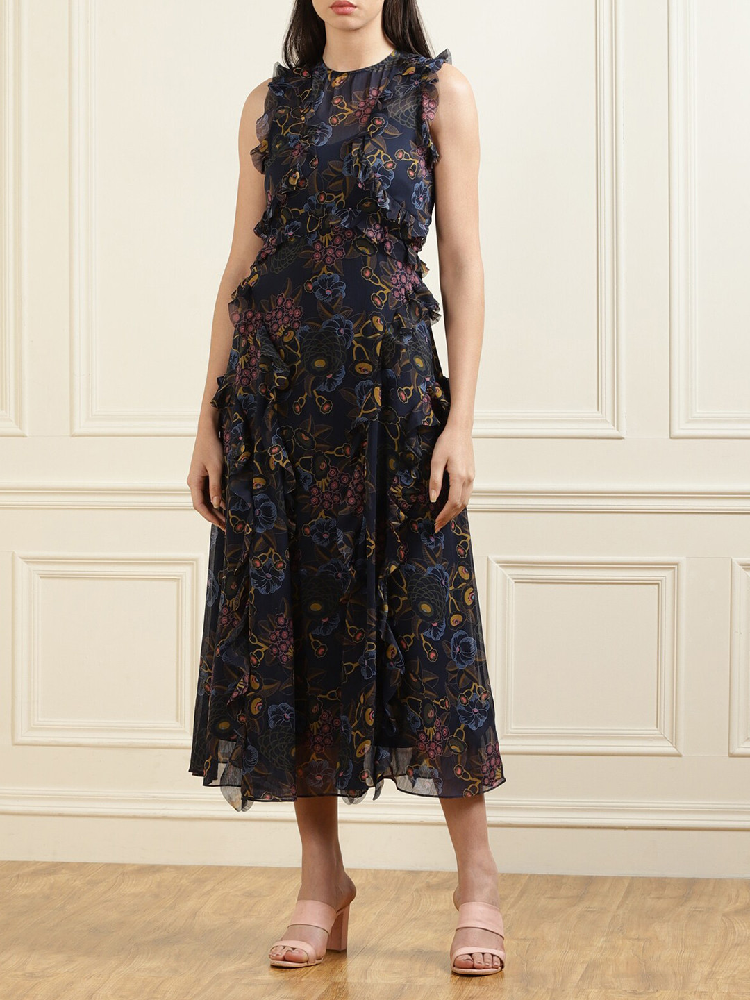 

Ted Baker Navy Blue Floral Ruffled Maxi Dress