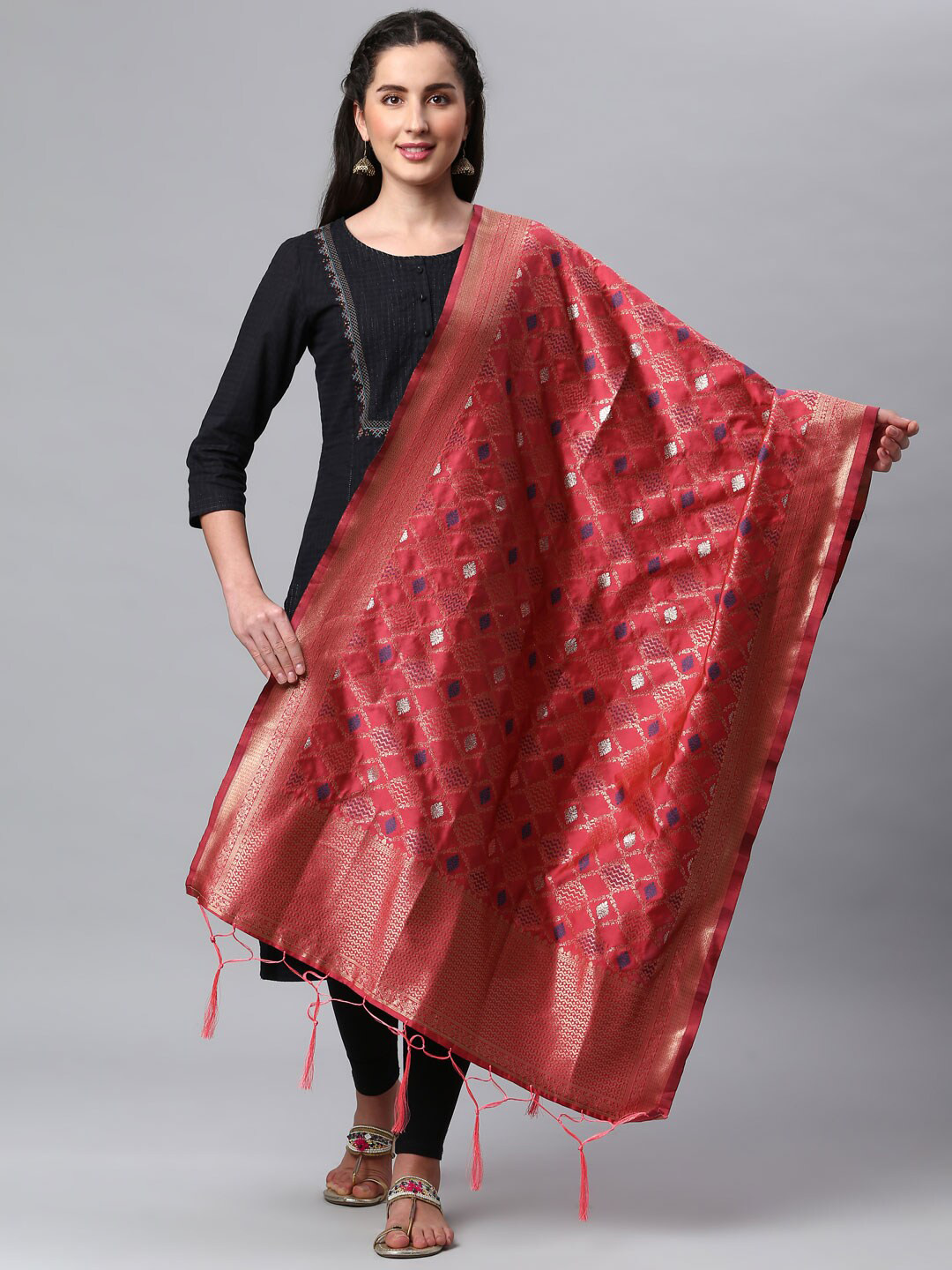 

Lilots Pink Ethnic Motifs Woven Design Dupatta