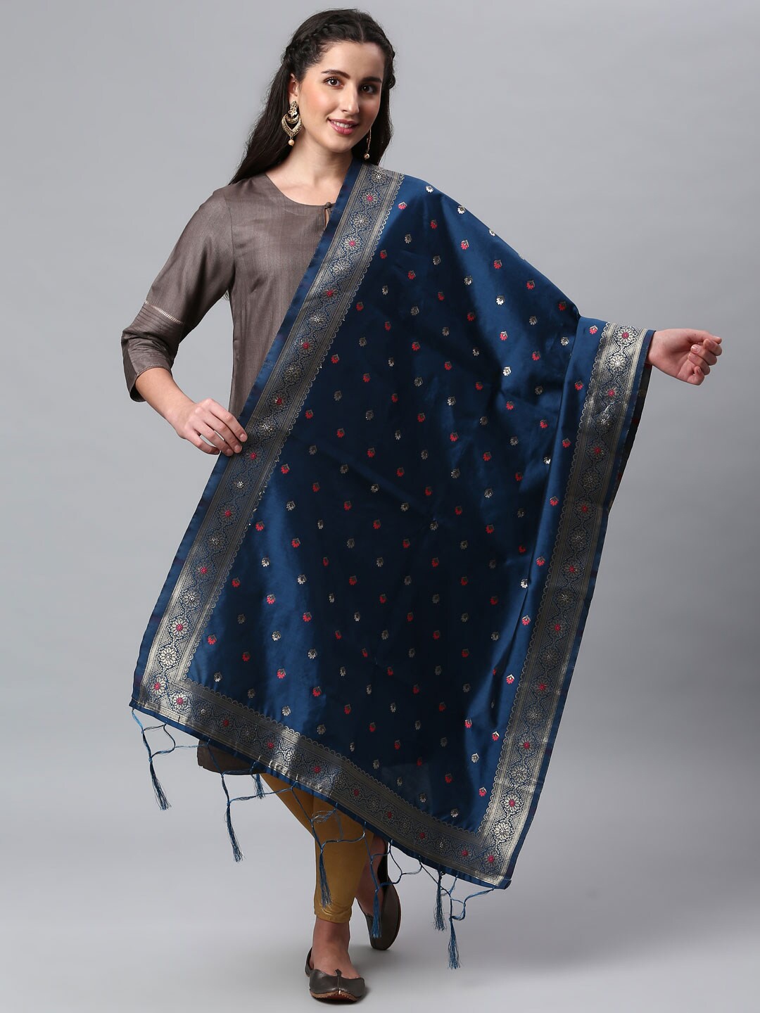 

Lilots Blue & Pink Ethnic Motifs Woven Design Dupatta
