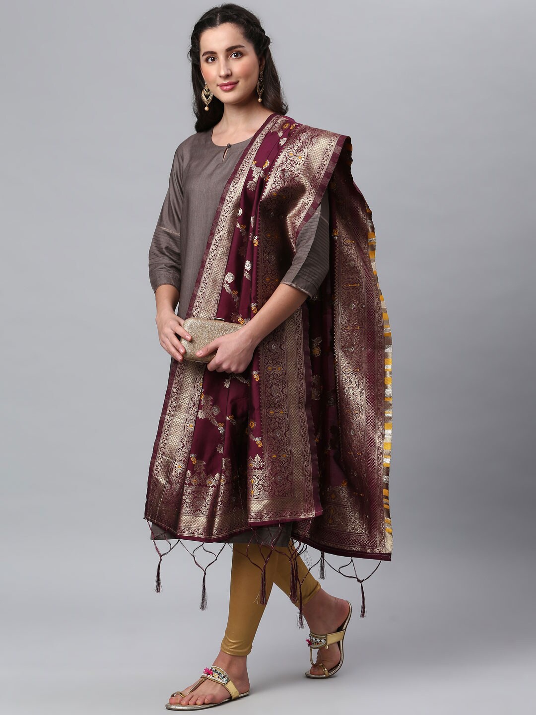 

Lilots Violet & Yellow Ethnic Motifs Woven Design Dupatta