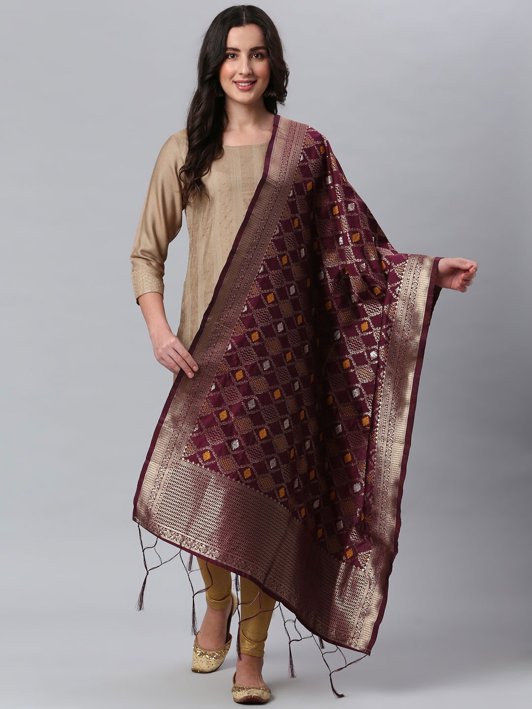 

Lilots Burgundy & Golden Ethnic Motifs Woven Design Dupatta