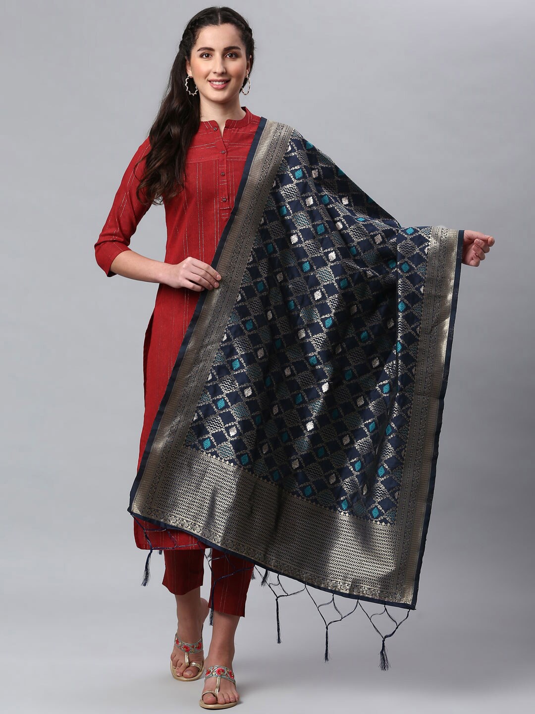 

Lilots Navy Blue & Silver-Toned Ethnic Motifs Woven Design Dupatta
