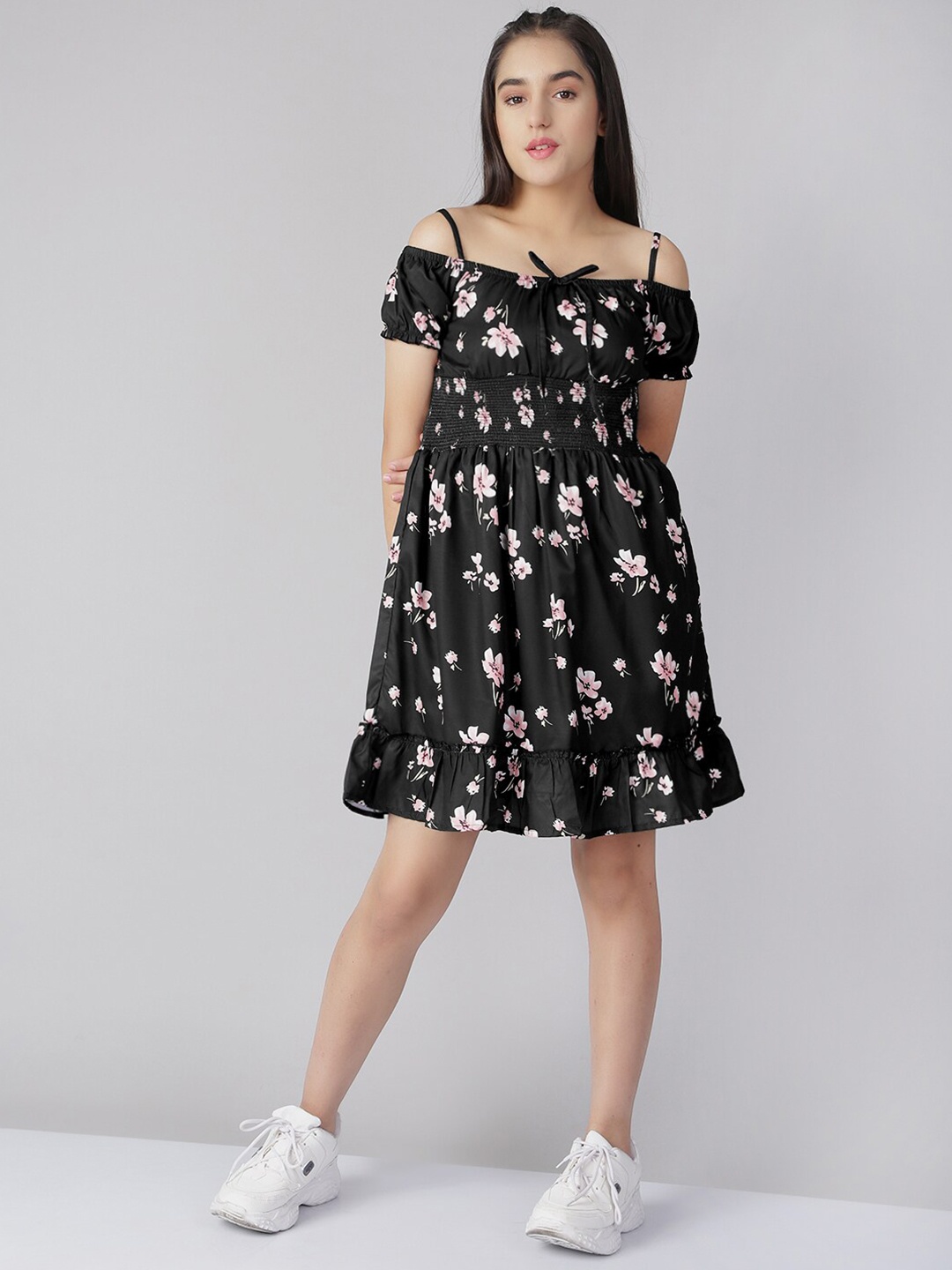

Naughty Ninos Girls Black Floral Off-Shoulder Dress