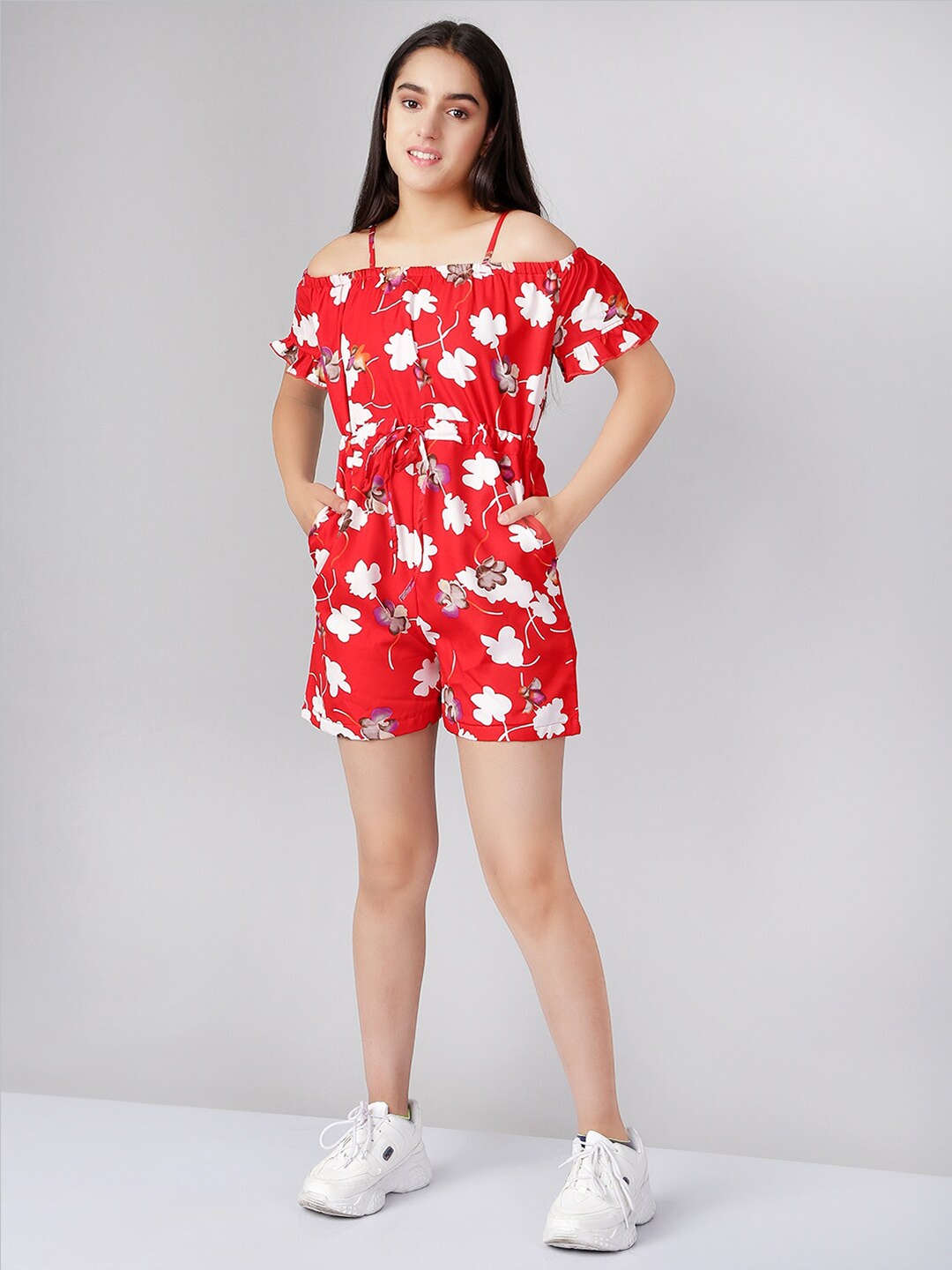 

Naughty Ninos Girls Red & White Off-Shoulder Printed Jumpsuit