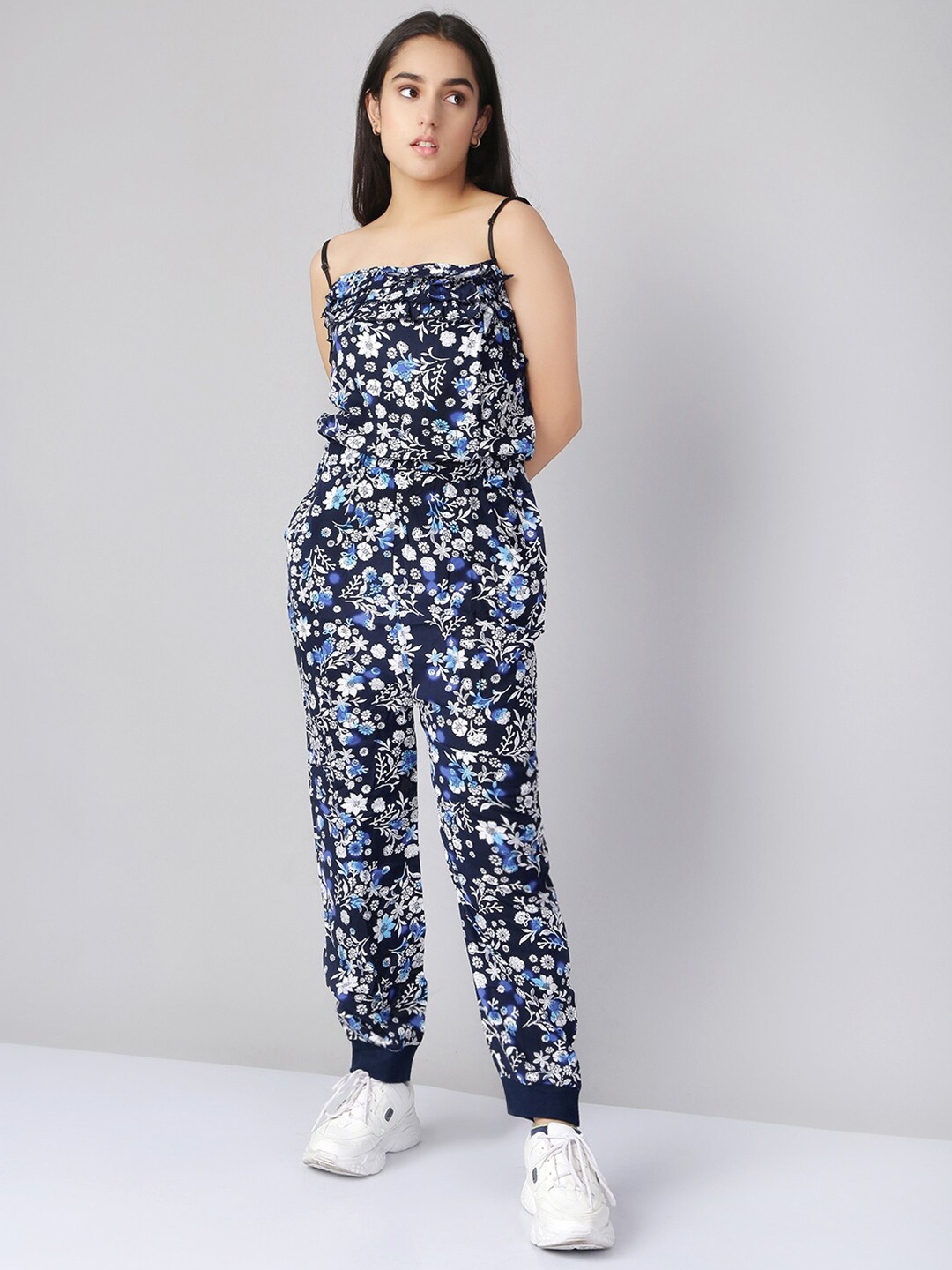 

Naughty Ninos Girls Navy Blue & White Floral Printed Basic Jumpsuit