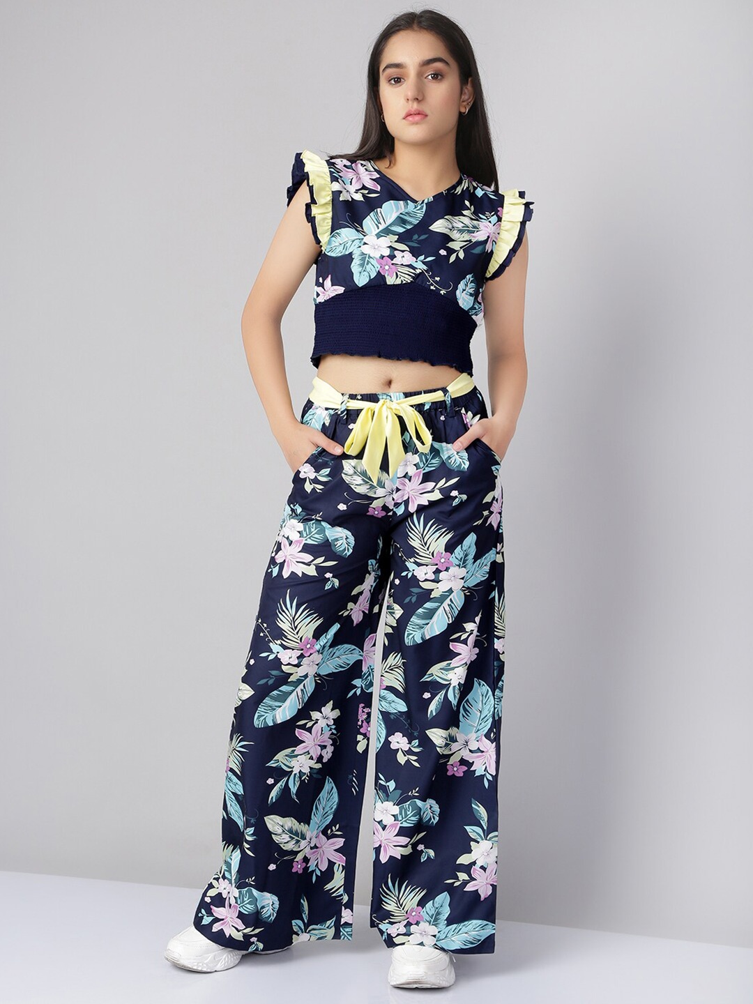 

Naughty Ninos Girls Navy Blue Floral Printed Top with Palazzos Clothing Set