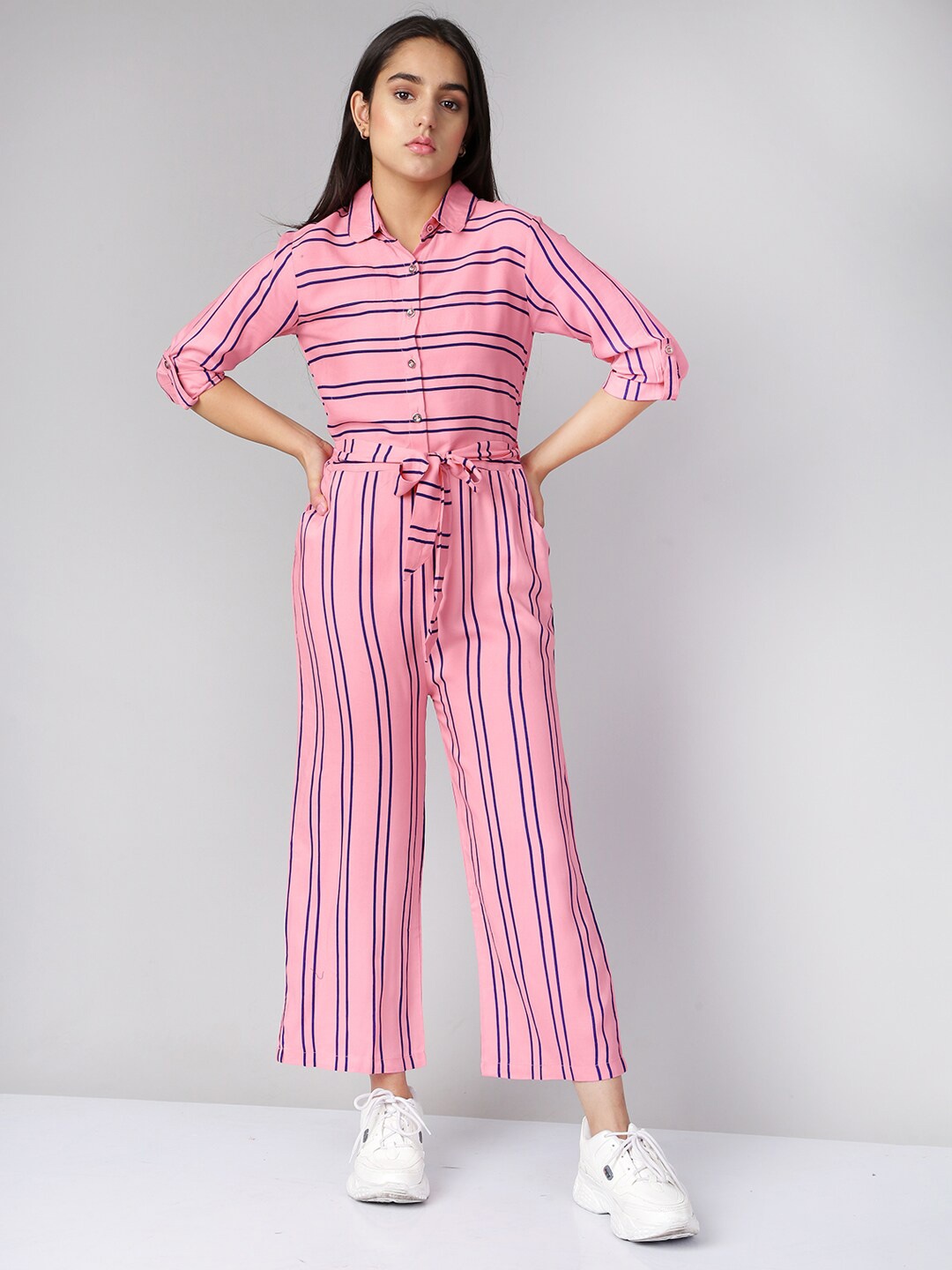 

Naughty Ninos Girls Pink & Navy Blue Striped Jumpsuit