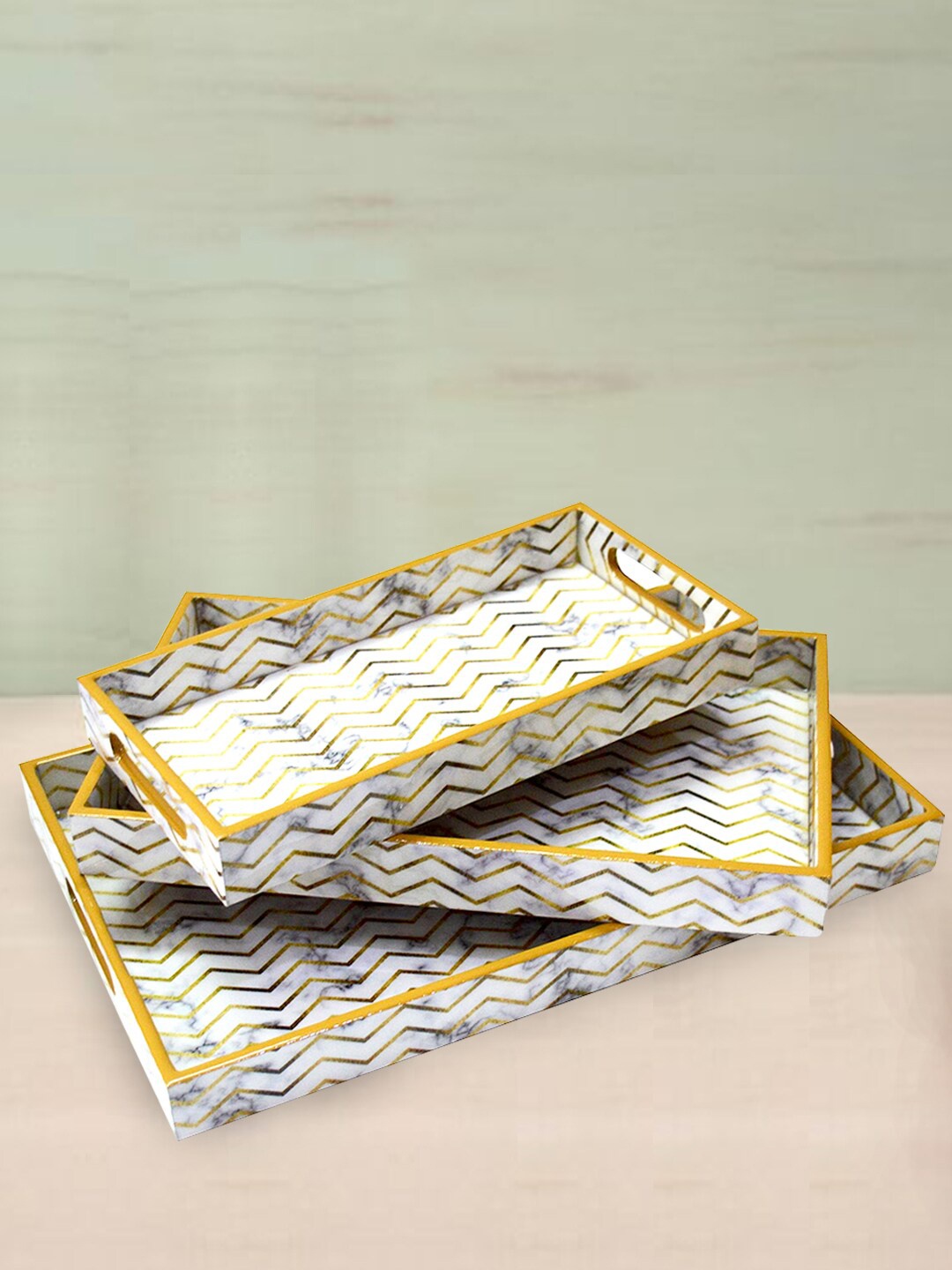 

Tranquil square Set of 3 White & Gold Wooden Printed Serving Tray
