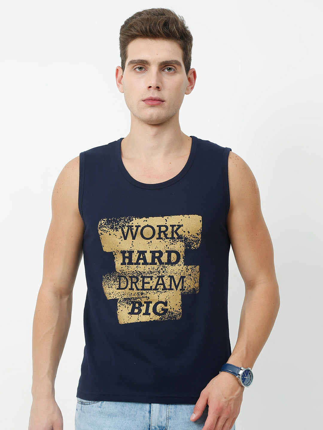 

Fleximaa Men's Navy Blue Typography Printed Sleeveless T-Shirt