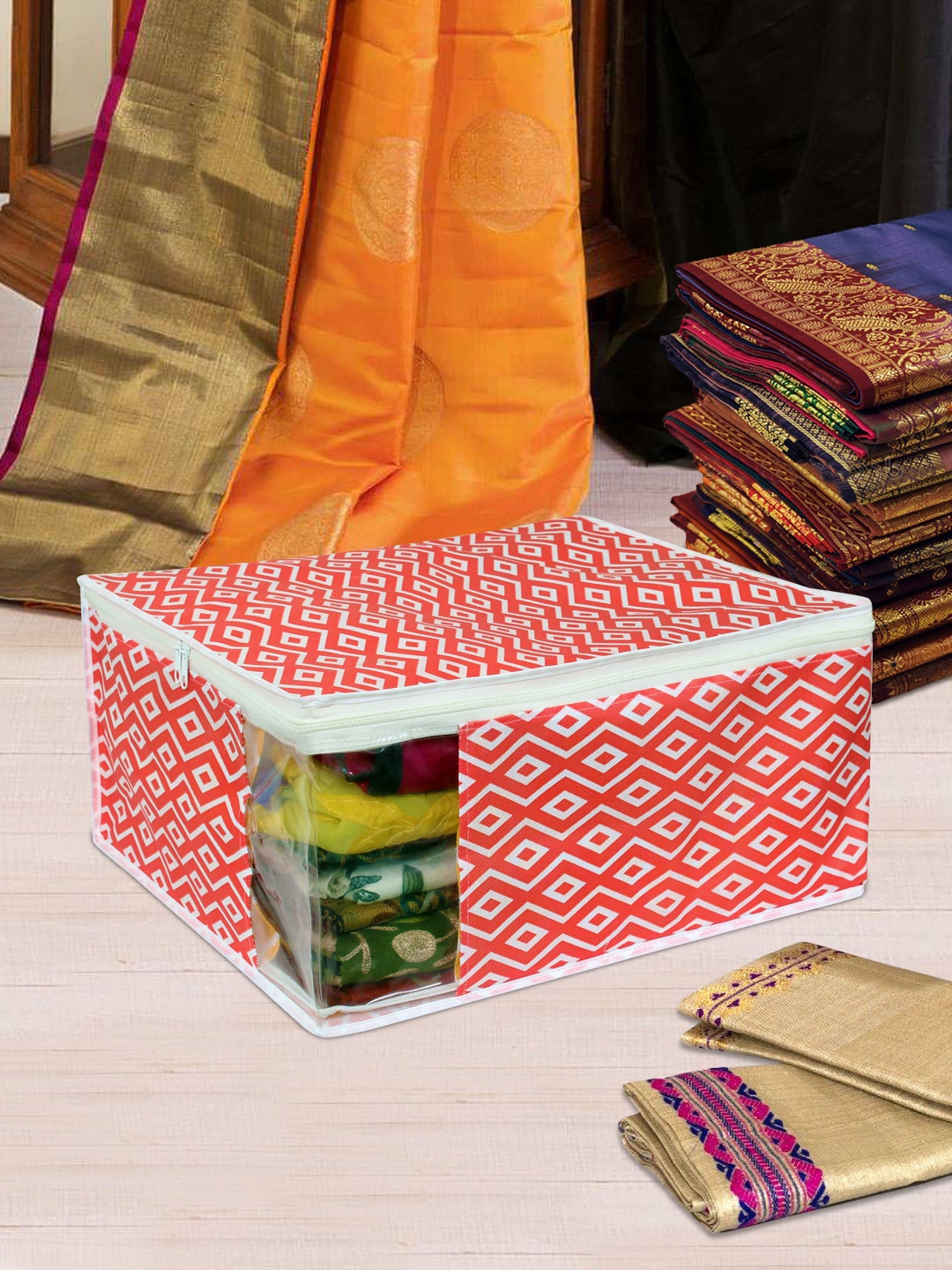 

prettykrafts Set of 12 Red & White Printed Saree Cover