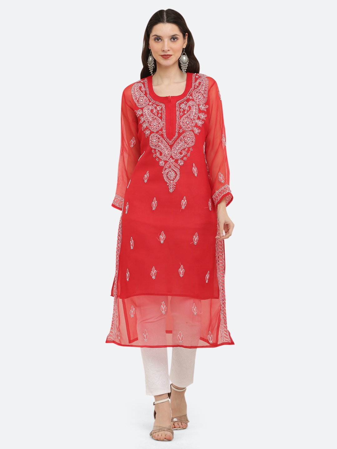 

FAWOMENT Women Red Ethnic Motifs Embroidered Chikankari Georgette Kurta