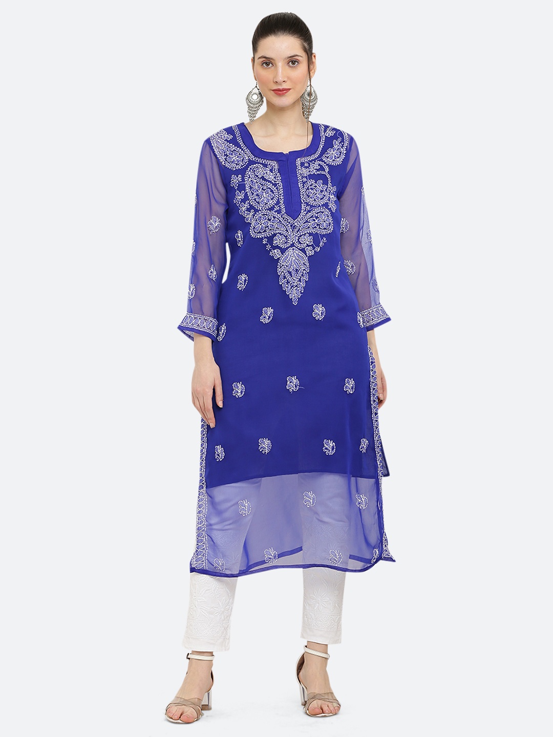 

FAWOMENT Women Blue Ethnic Motifs Embroidered Chikankari Georgette Kurta