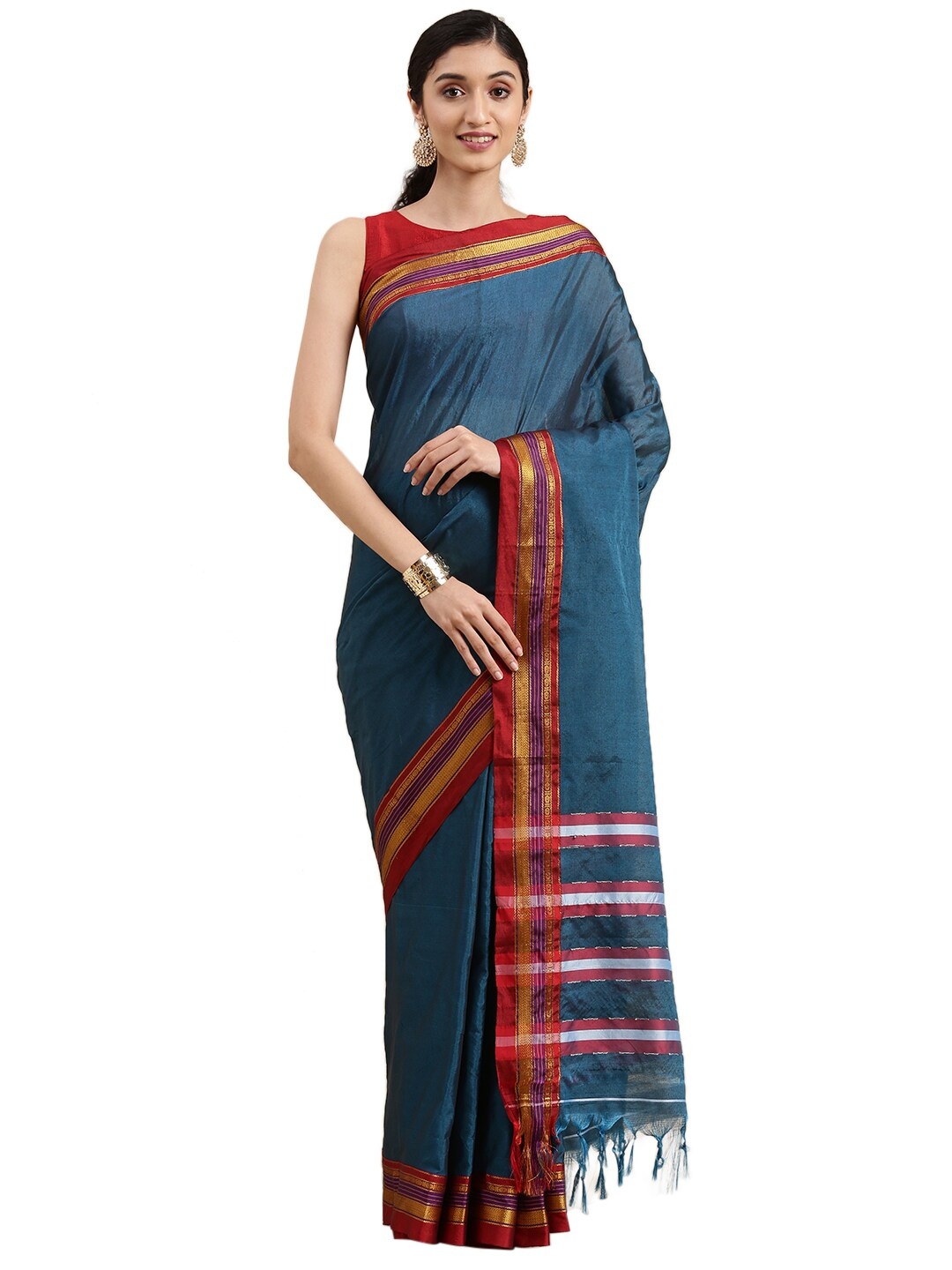 

Pavechas Navy Blue & Red Zari Pure Cotton Paithani Saree