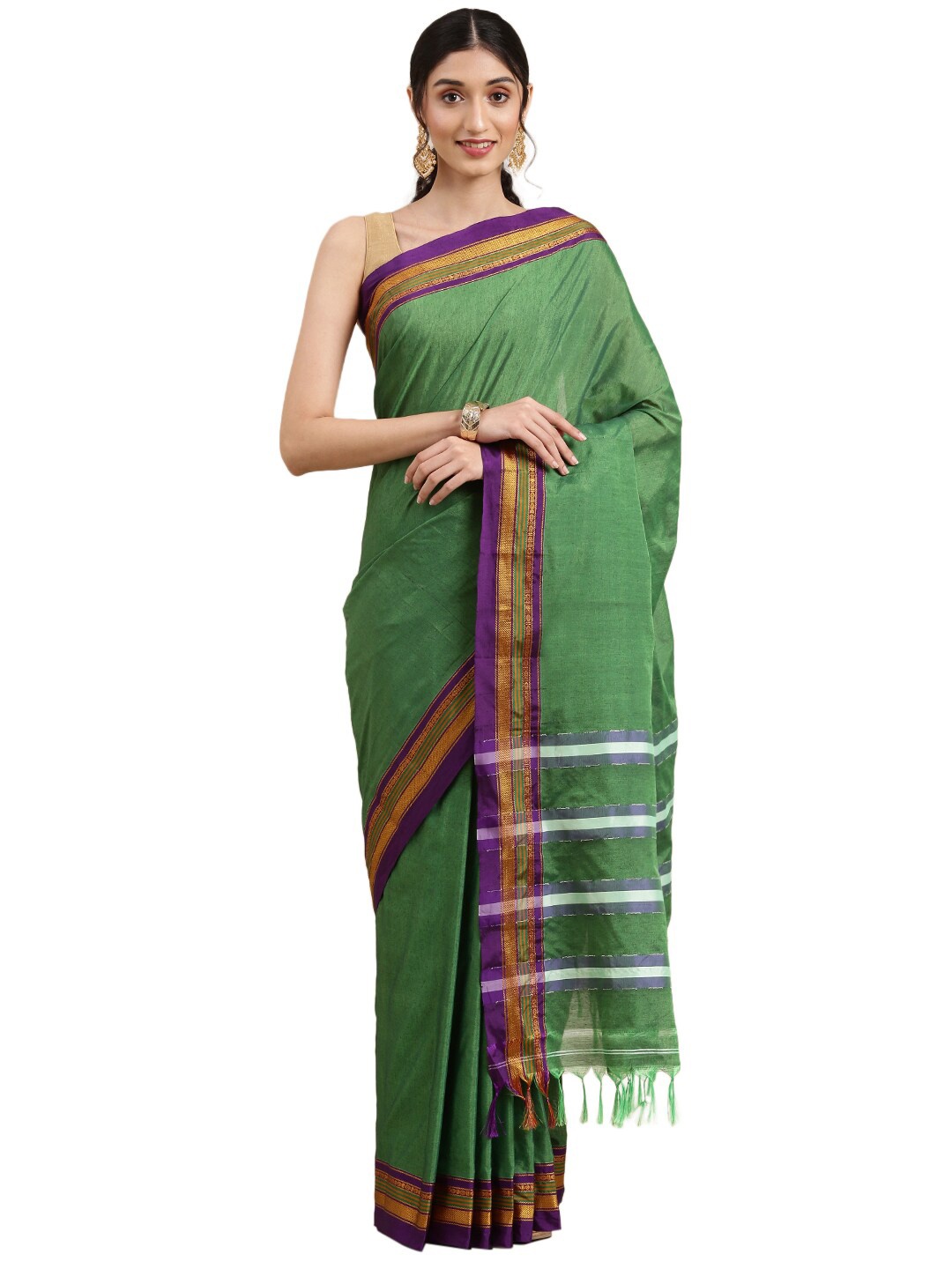 

Pavechas Green & Purple Zari Pure Cotton Paithani Saree