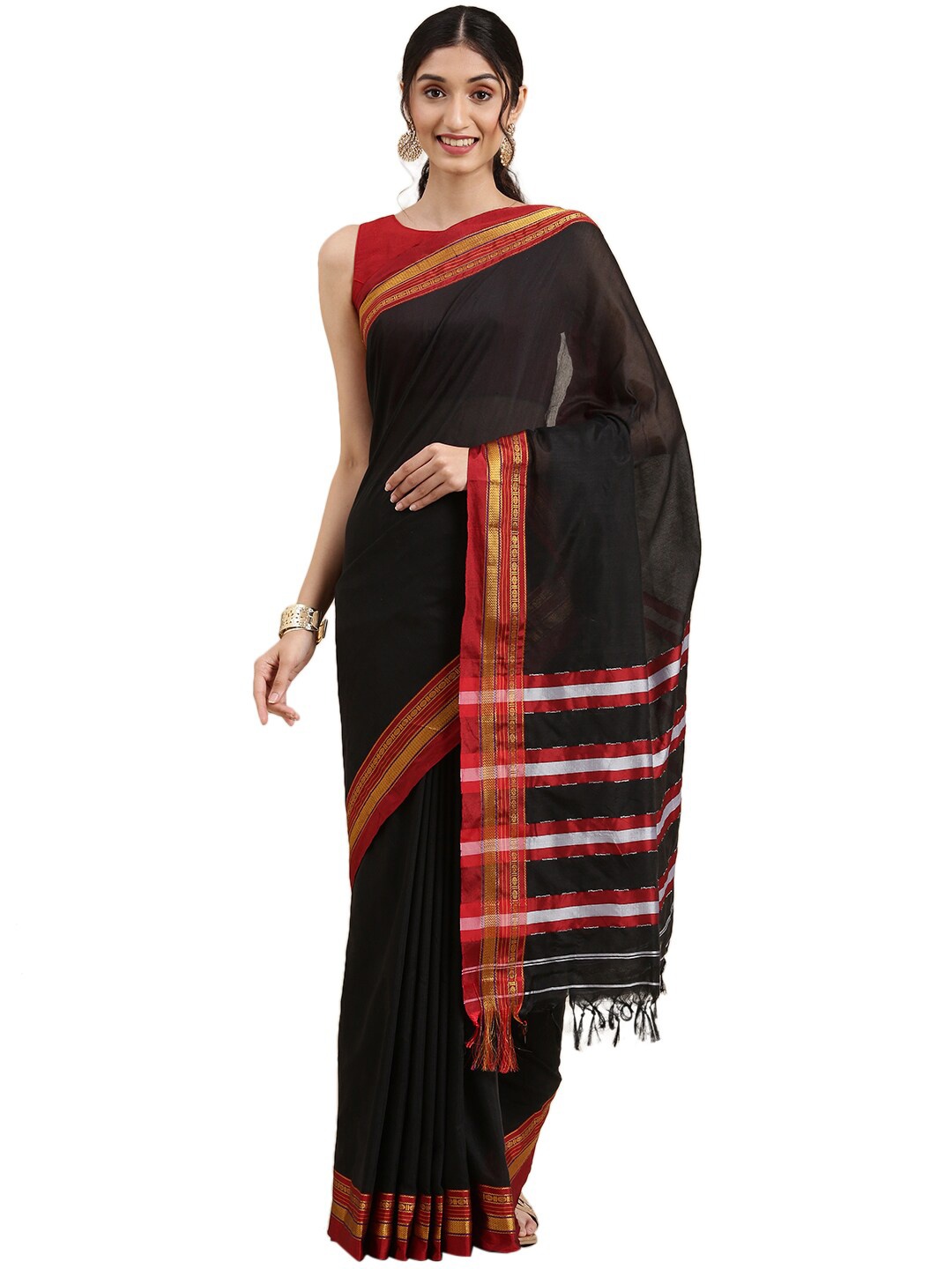 

Pavechas Black & Red Zari Pure Cotton Paithani Saree