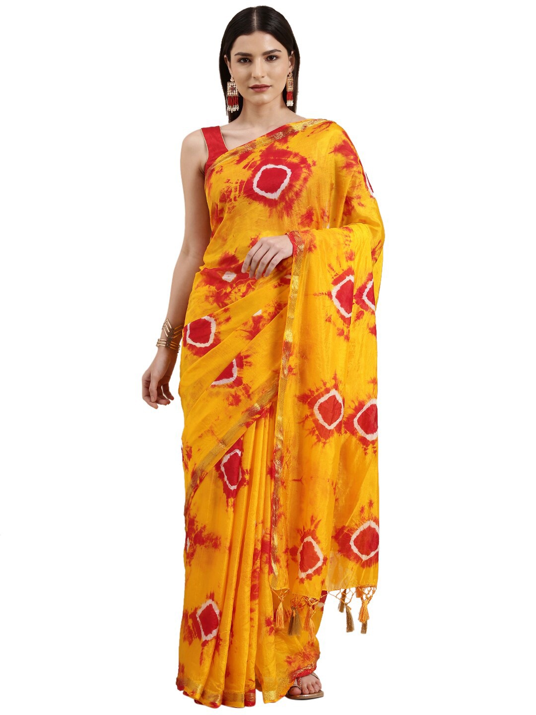 

Pavechas Yellow & Red Bandhani Zari Art Silk Bandhani Saree