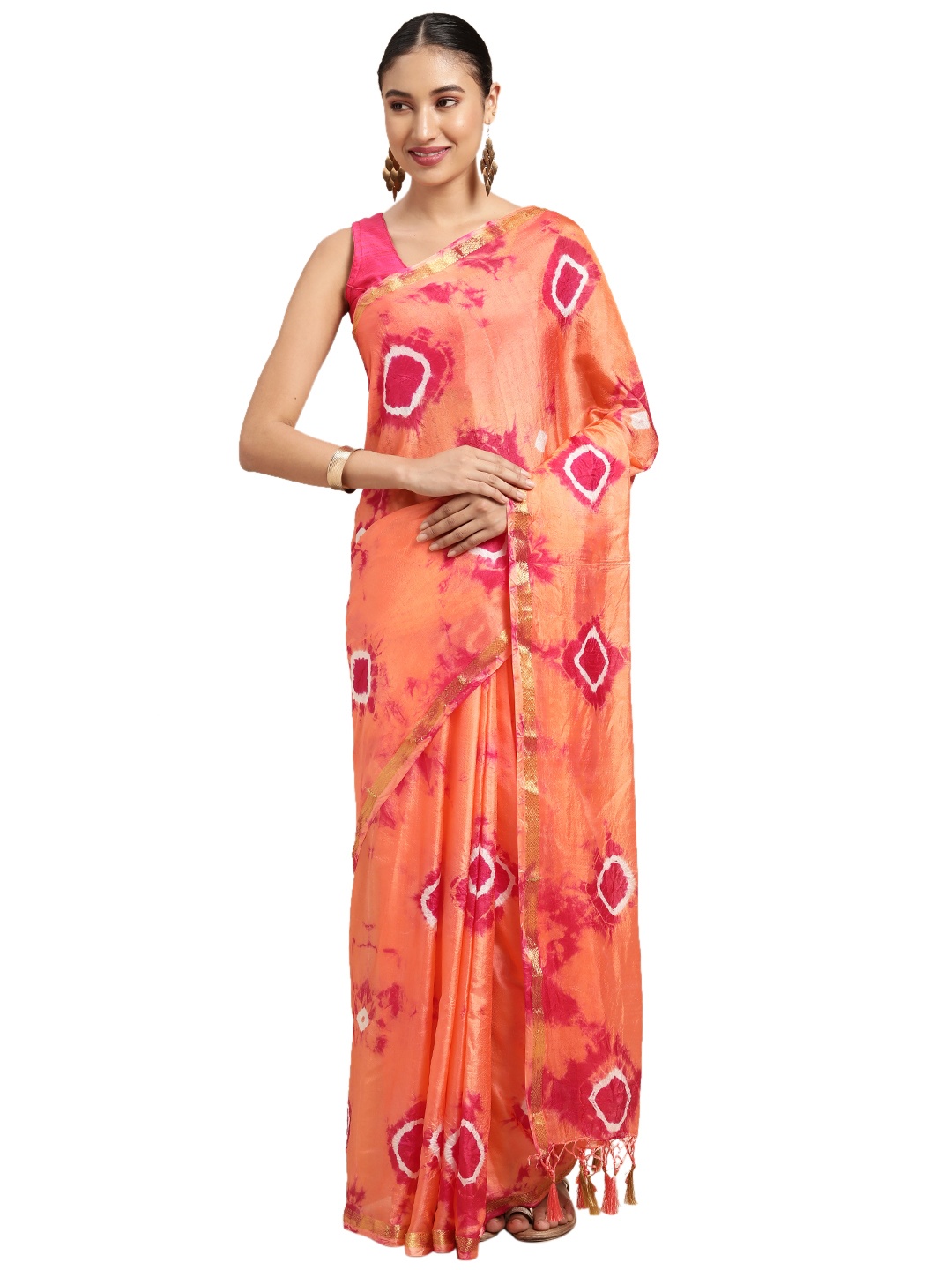 

Pavechas Orange & Red Bandhani Zari Art Silk Bandhani Saree