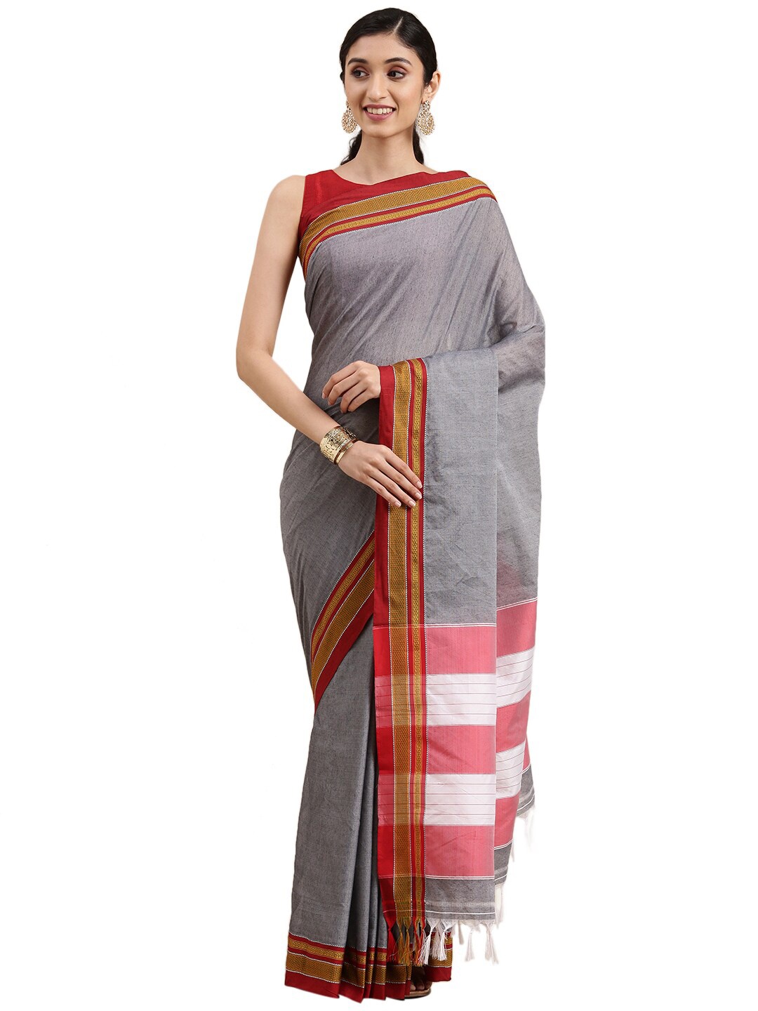

Pavechas Grey & Red Zari Pure Cotton Paithani Saree