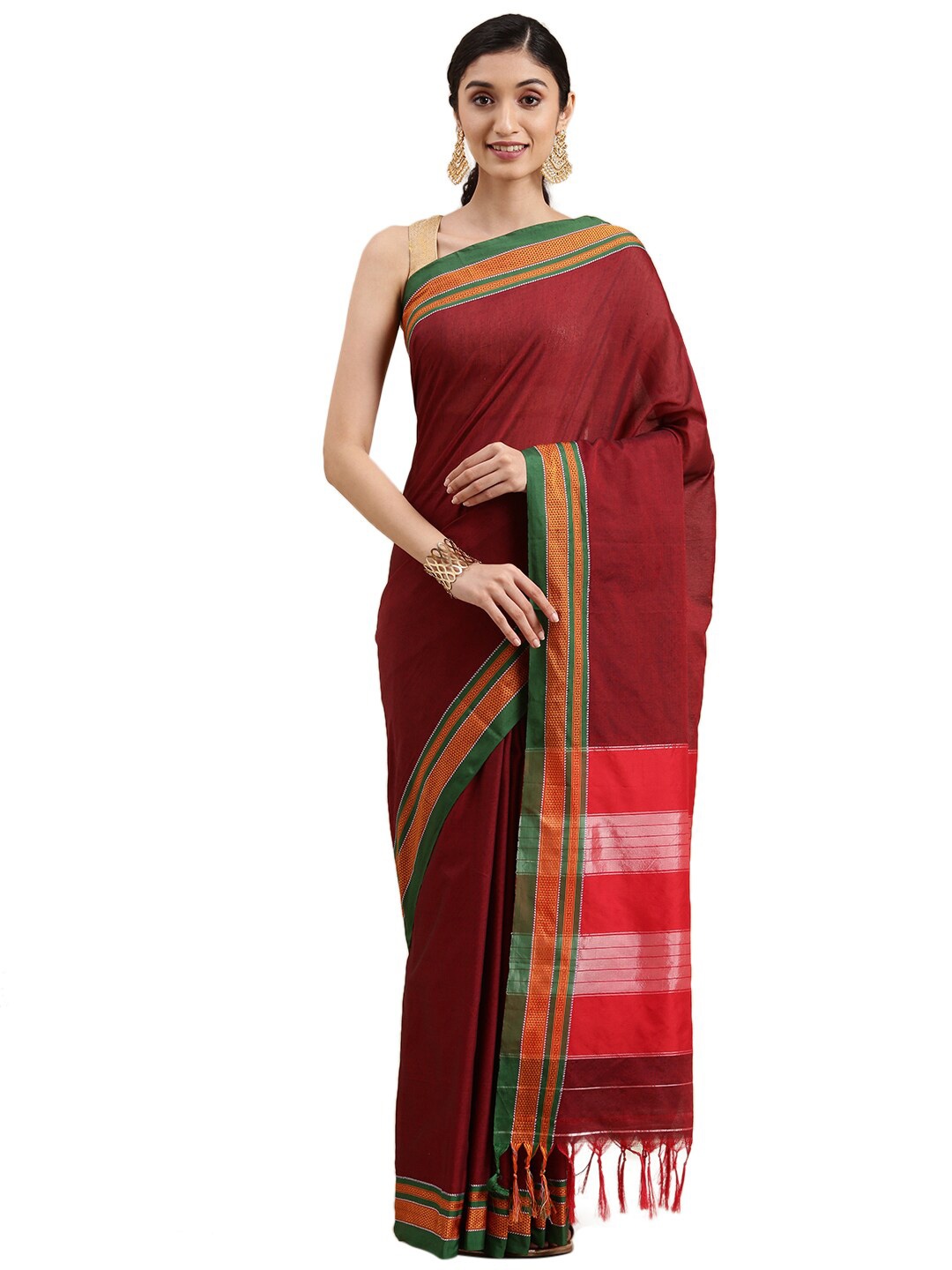 

Pavechas Maroon & Green Zari Pure Cotton Paithani Saree