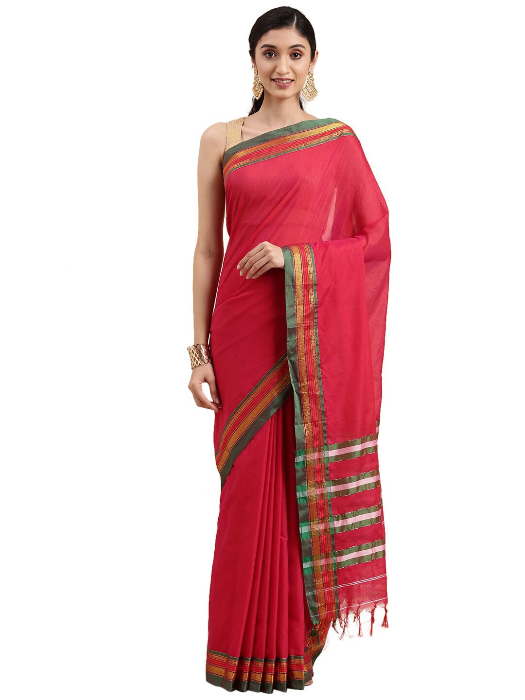 

Pavechas Pink & Green Zari Pure Cotton Paithani Saree