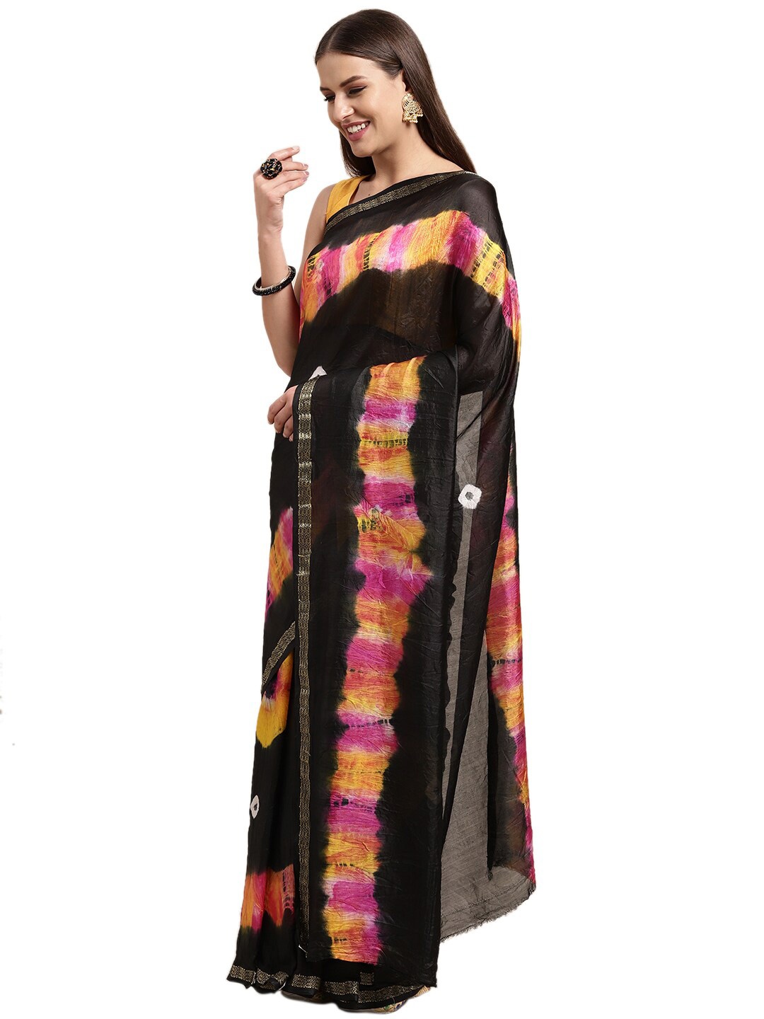 

Pavechas Black & Pink Bandhani Zari Art Silk Bandhani Saree