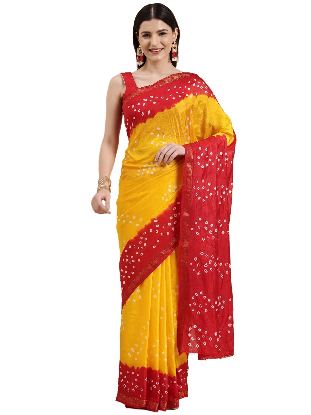 

Pavechas Golden & Red Bandhani Zari Art Silk Bandhani Saree, Gold