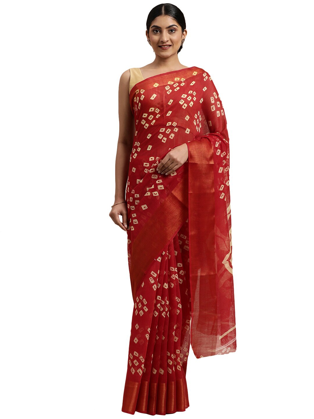 

Pavechas Red & White Bandhani Printed Zari Jute Cotton Bhagalpuri Saree