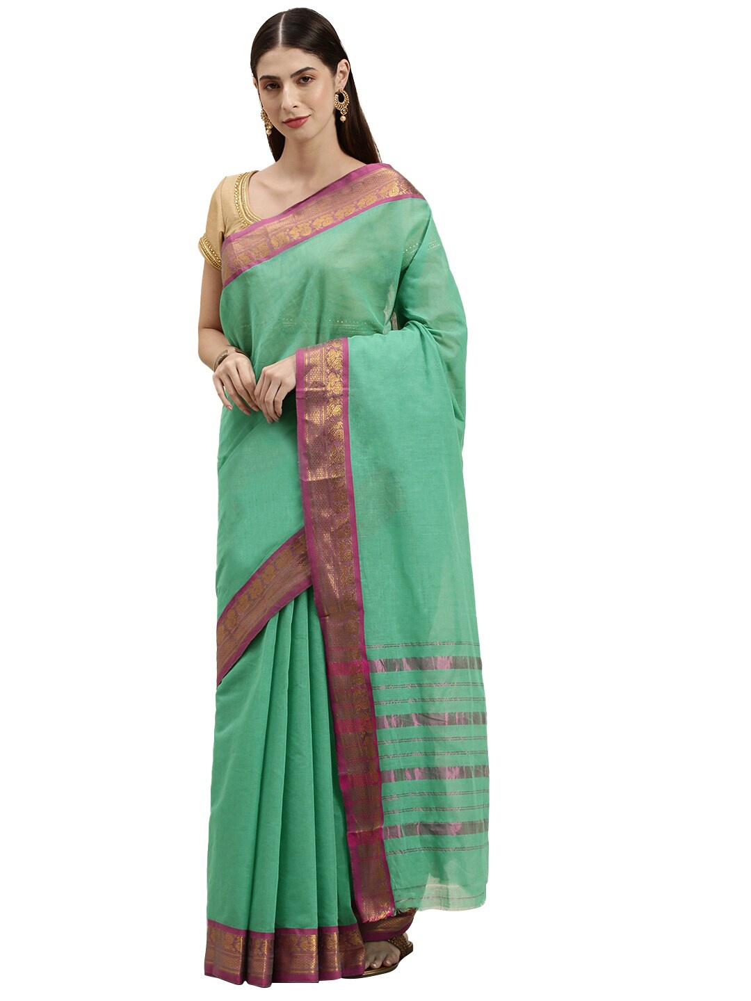

Pavechas Green & Magenta Zari Pure Cotton Venkatgiri Saree