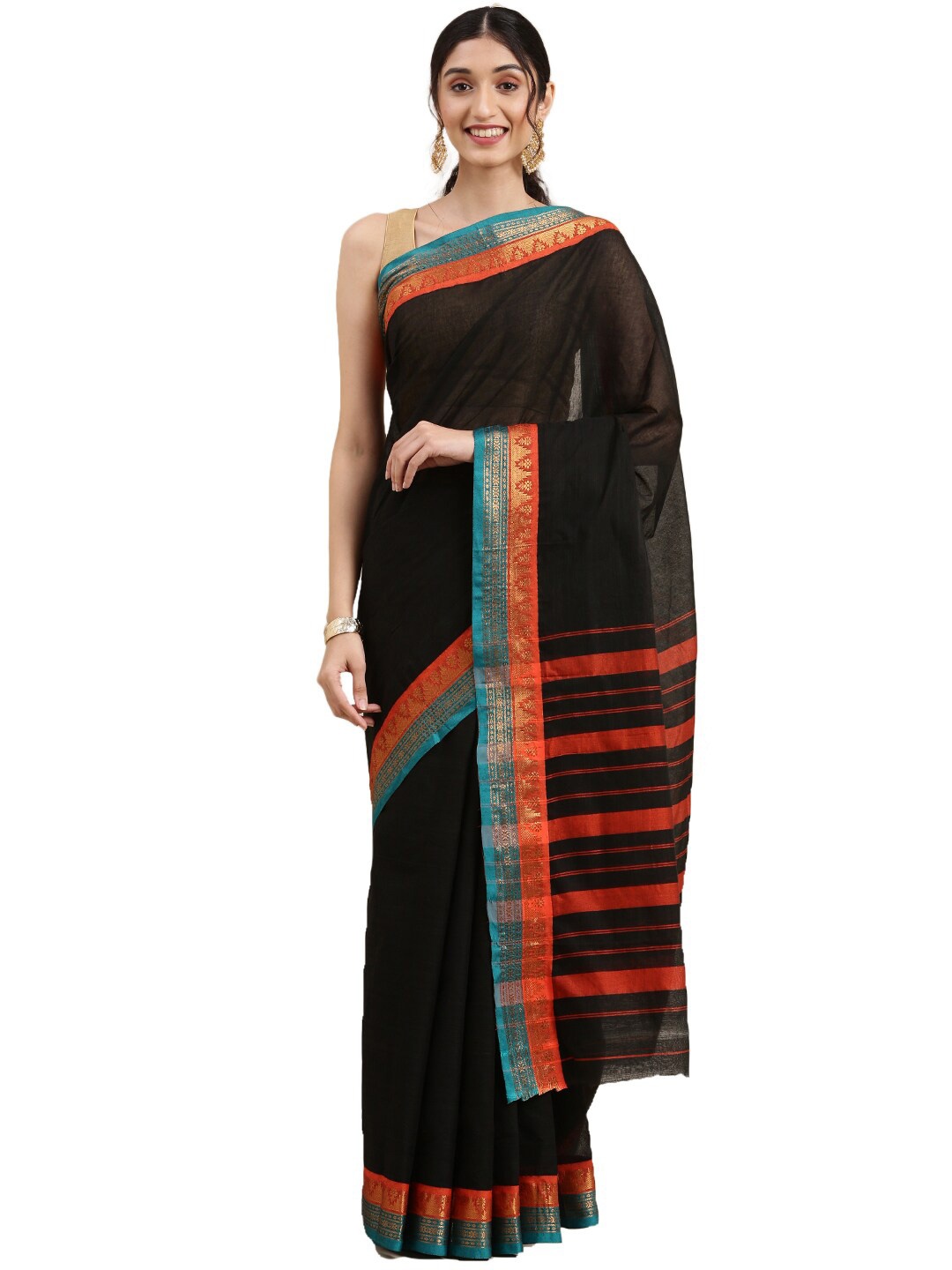 

Pavechas Black & Orange Zari Pure Cotton Narayan Peth Saree