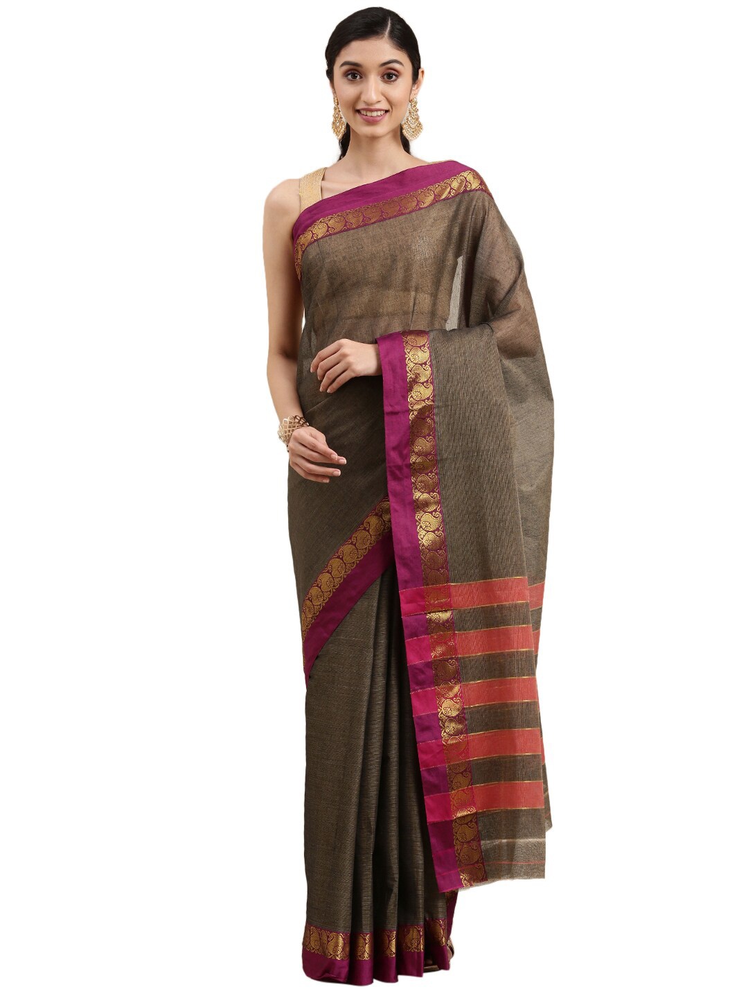 

Pavechas Grey & Pink Zari Pure Cotton Mangalagiri Saree