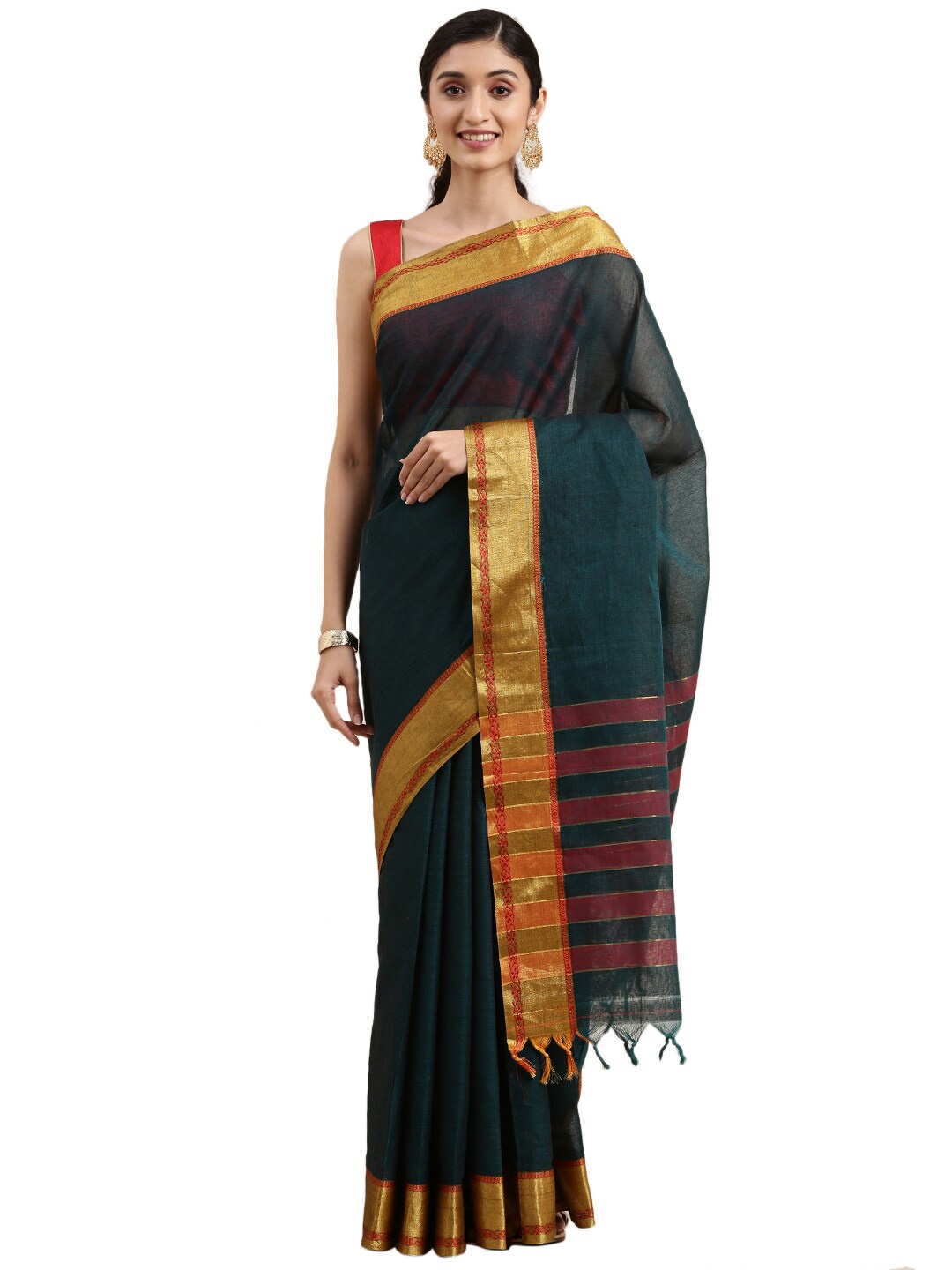 

Pavechas Navy Blue Zari Pure Cotton Mangalagiri Saree