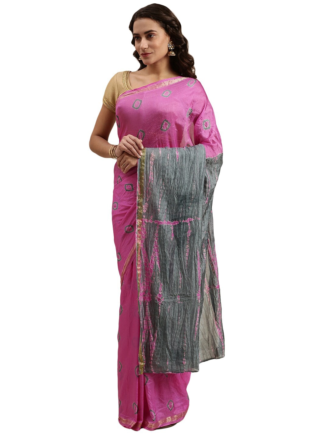 

Pavechas Pink & Grey Printed Zari Art Silk Bandhani Saree