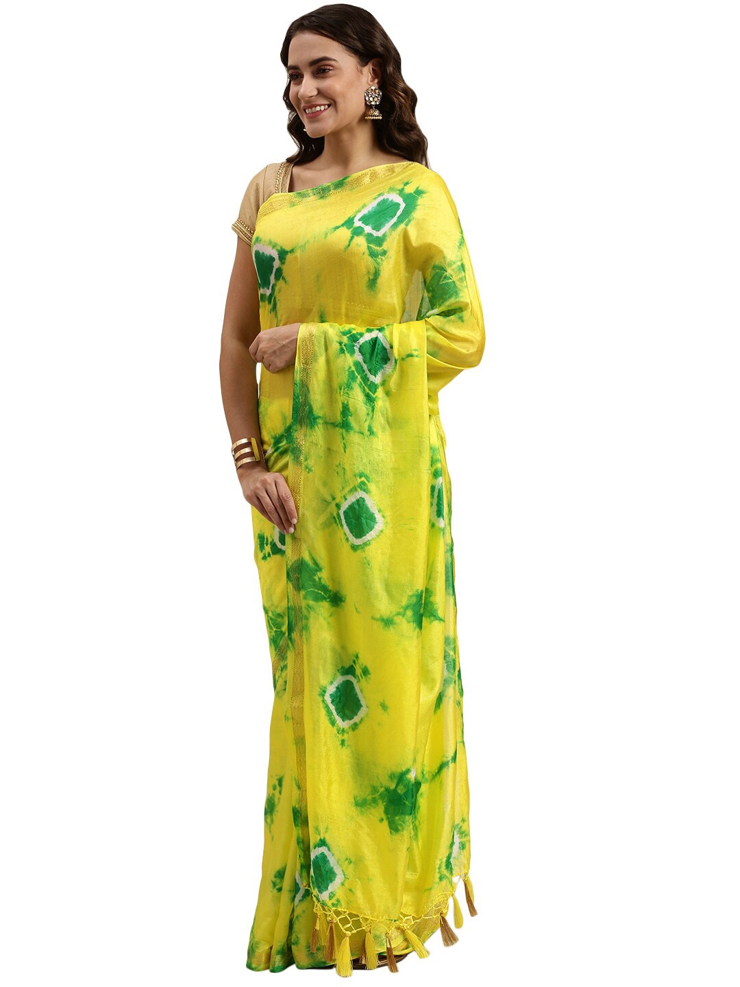 

Pavechas Green & Yellow Printed Zari Art Silk Bandhani Saree