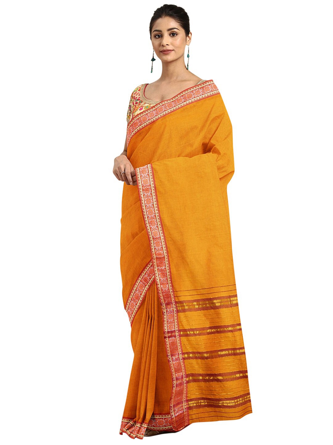

Pavechas Orange & Golden Zari Pure Cotton Venkatgiri Saree