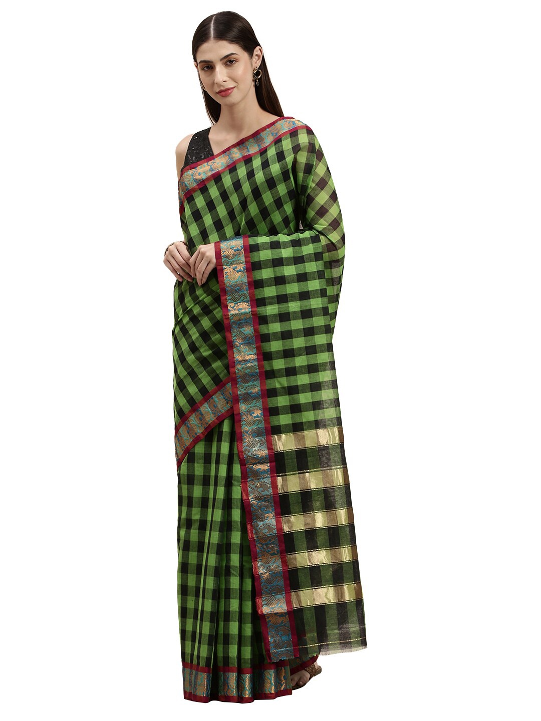 

Pavechas Green & Red Checked Zari Pure Cotton Dharmavaram Saree