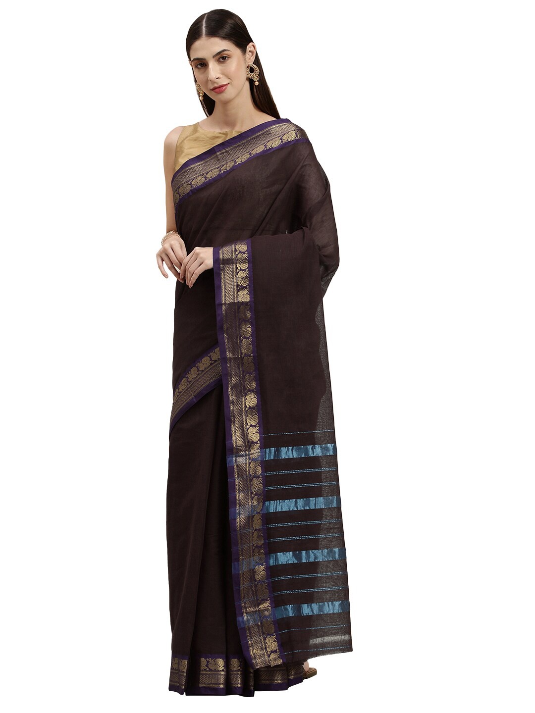 

Pavechas Brown & Blue Zari Pure Cotton Venkatgiri Saree