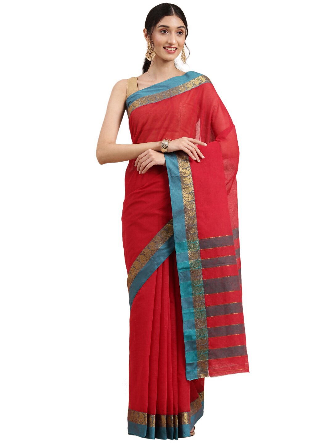 

Pavechas Red & Blue Zari Pure Cotton Mangalagiri Saree